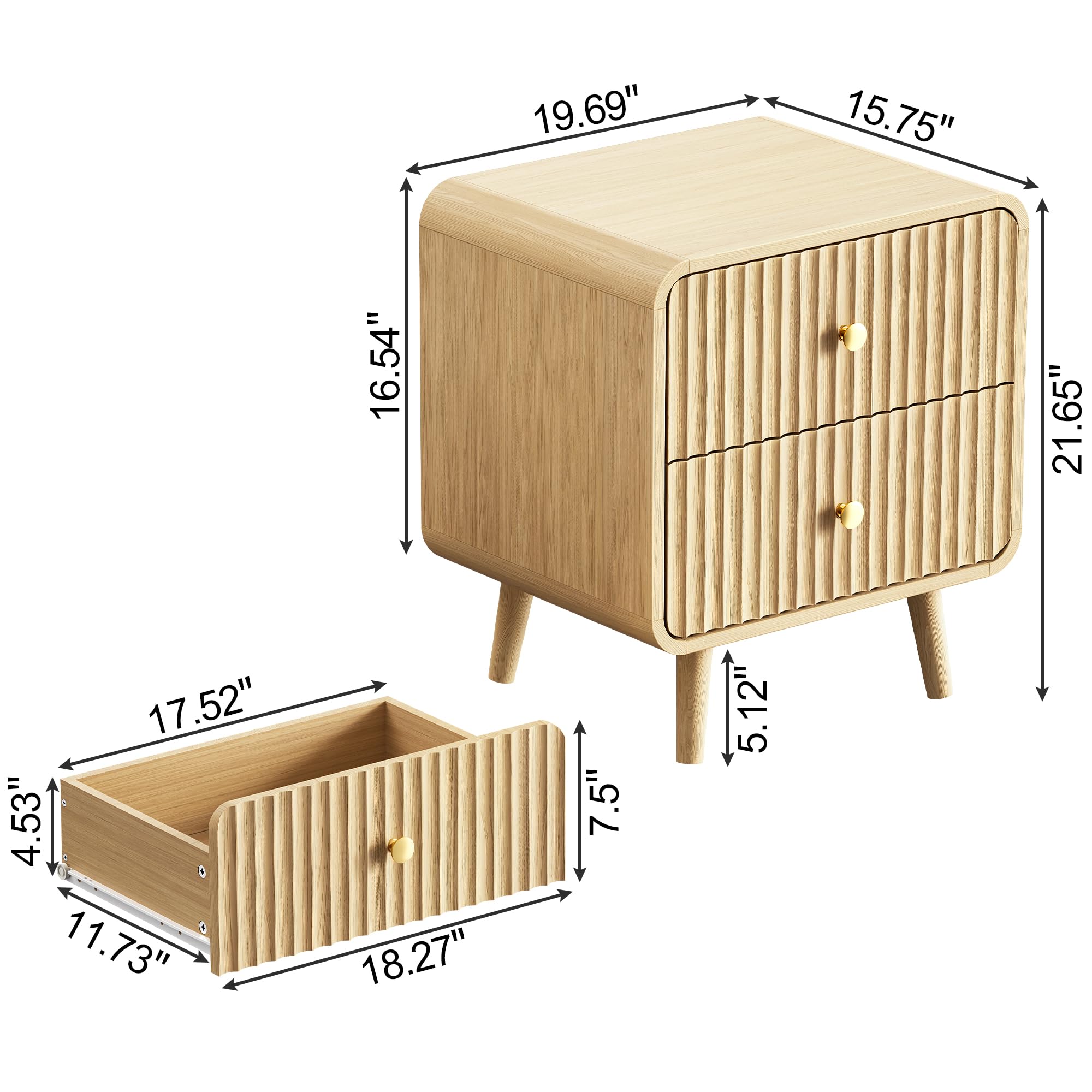 Fluted Nightstand with 2 Drawers – Oak