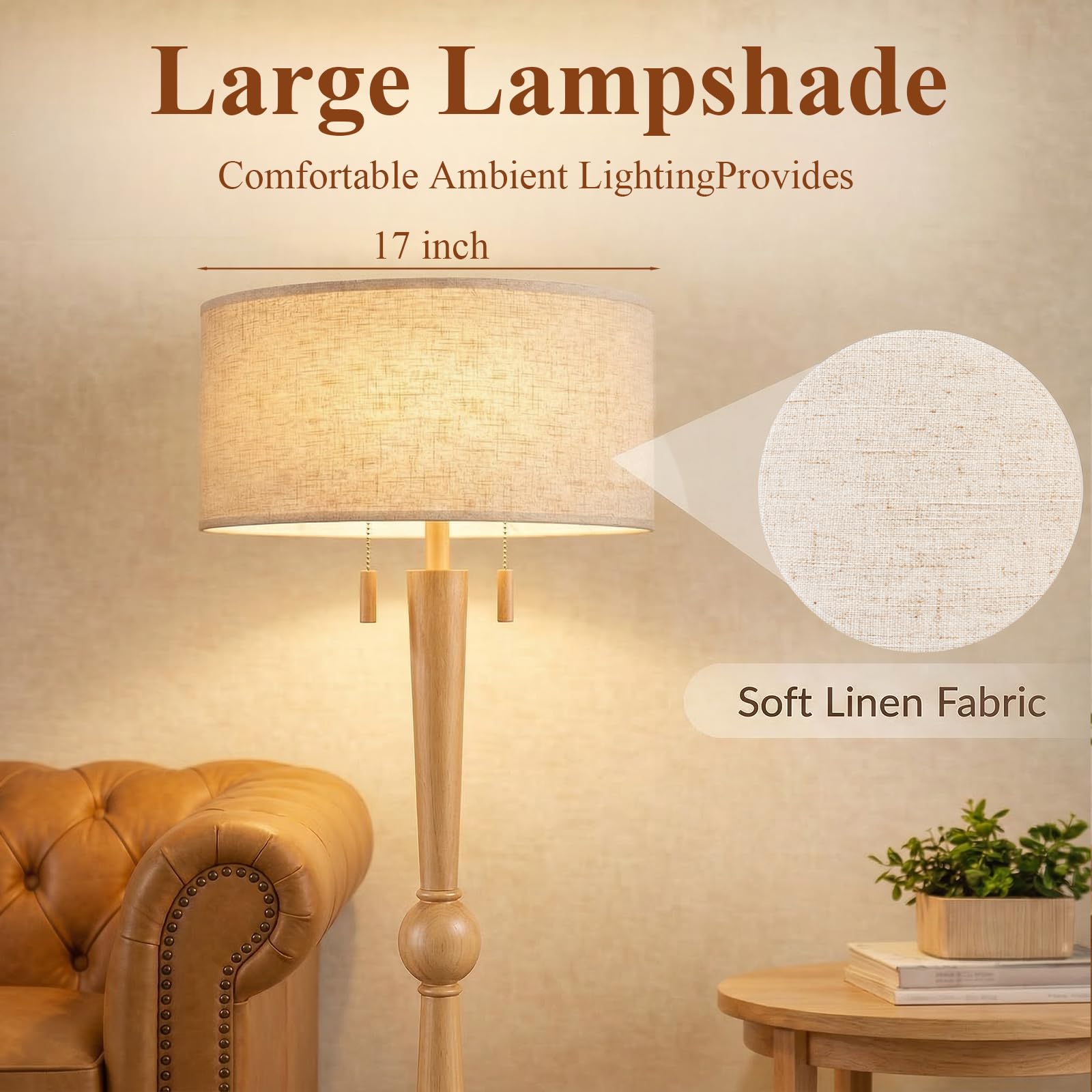 MOFFE 62.8" Solid Wood Floor Lamp,Tall Standing Floor Lamp with 2-Light Pull Chain, 17" Linen Drum Shade, Sculptural Wood Base & Stem,Transitional Floor Lamp for Living Room Bedroom, Includes 2 Bulbs