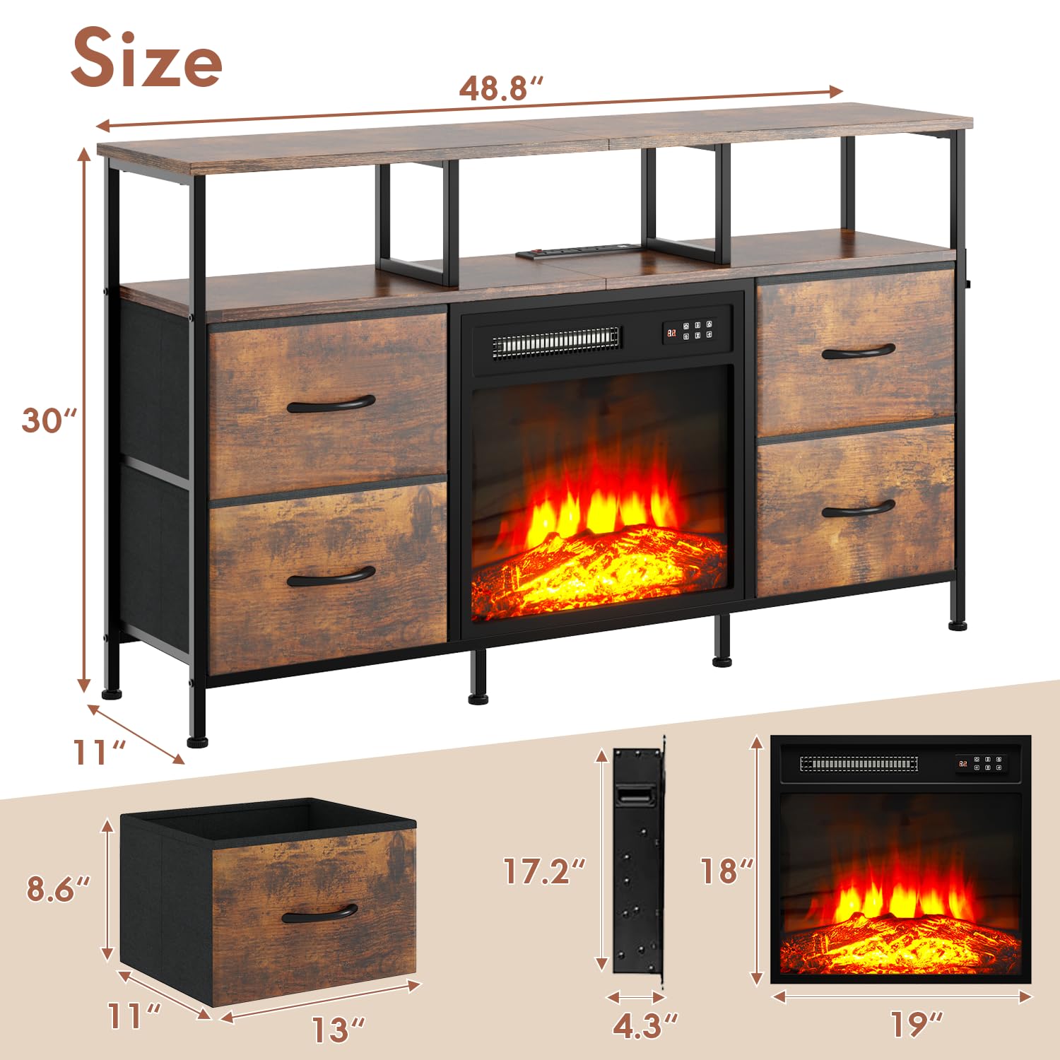 Fireplace TV Stand with Drawers & LED Lights