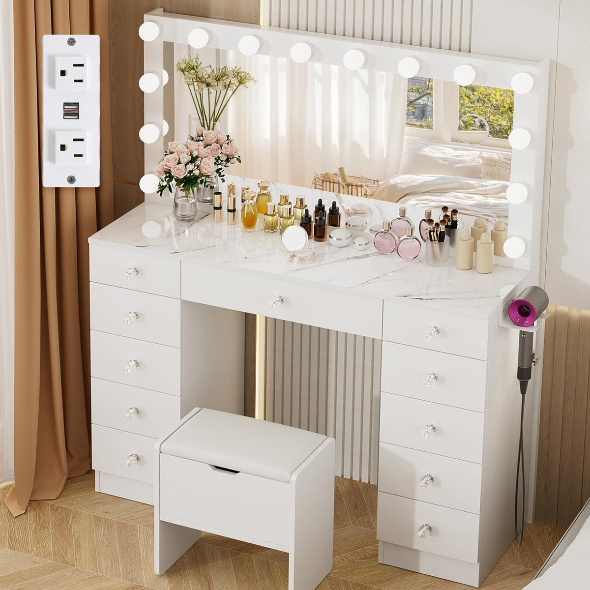 VOWNER Vanity with Lighted Mirror - 46" Makeup Vanity Desk with 11 Drawers