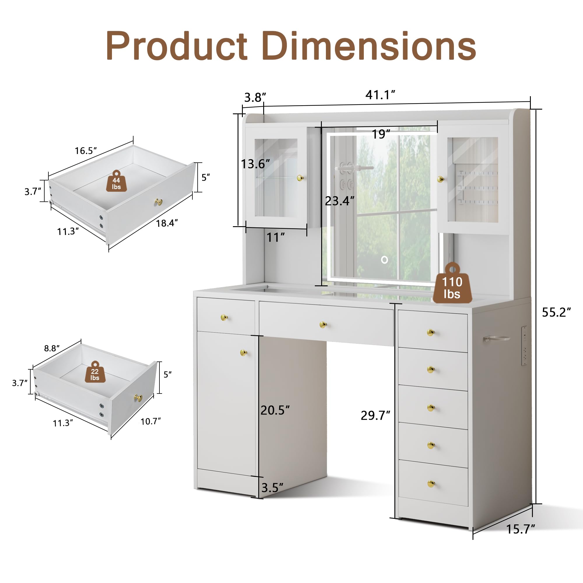 Einhomn Makeup Vanity Desk with Mirror & LED Lights, Large Glass Top Vanity Table with 7 Drawers & 3 Cabinets, Modern Dressing Table with Charging Station & RGB Lights for Bedroom, White