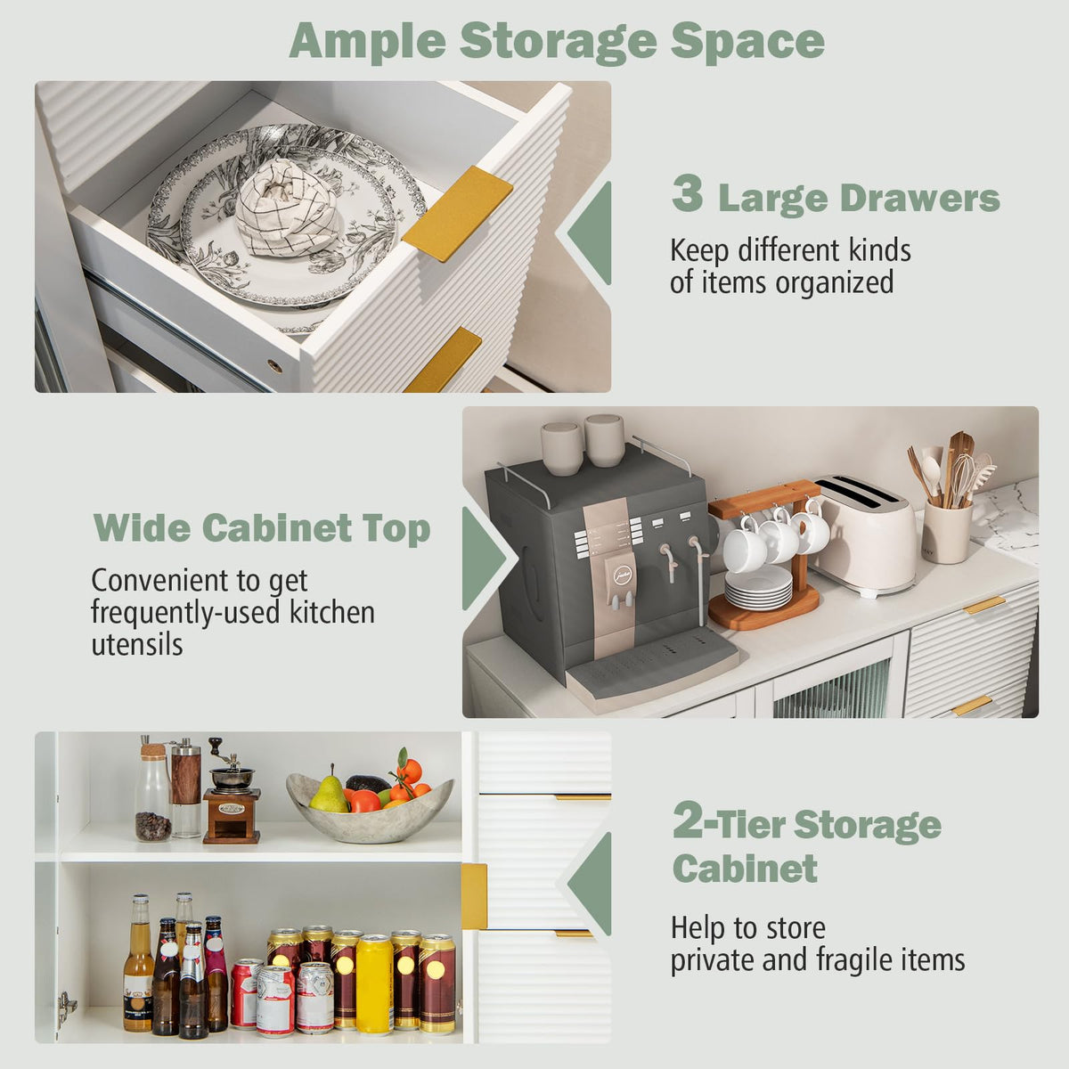 LOKO Kitchen Buffet Cabinet with 2-Tire Storage Space, 3 Drawers, White