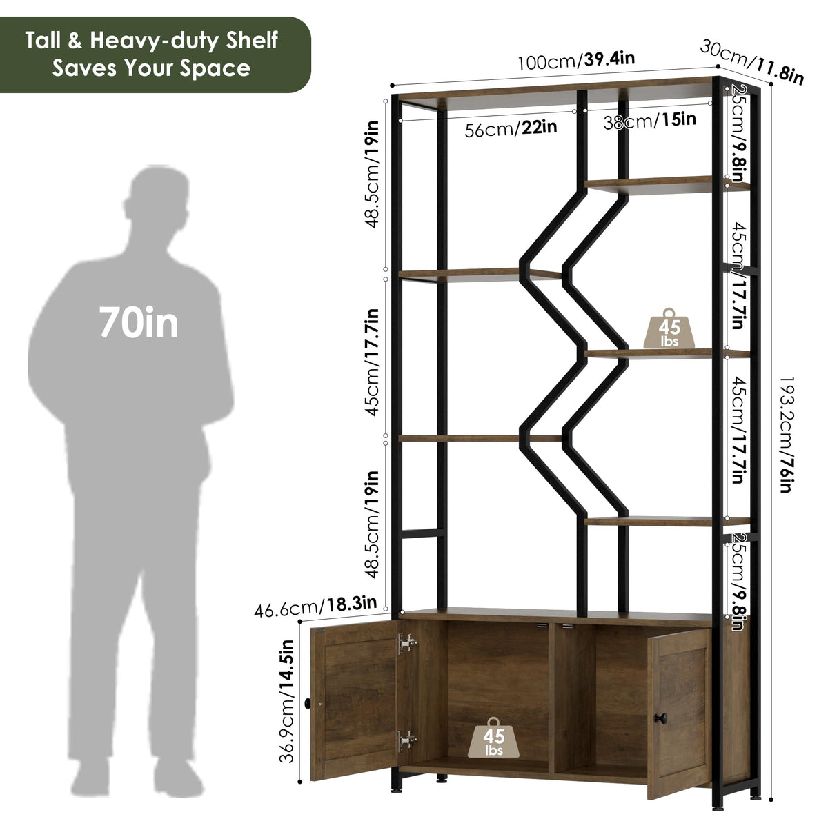 6-Tier Industrial Bookcase with Cabinets