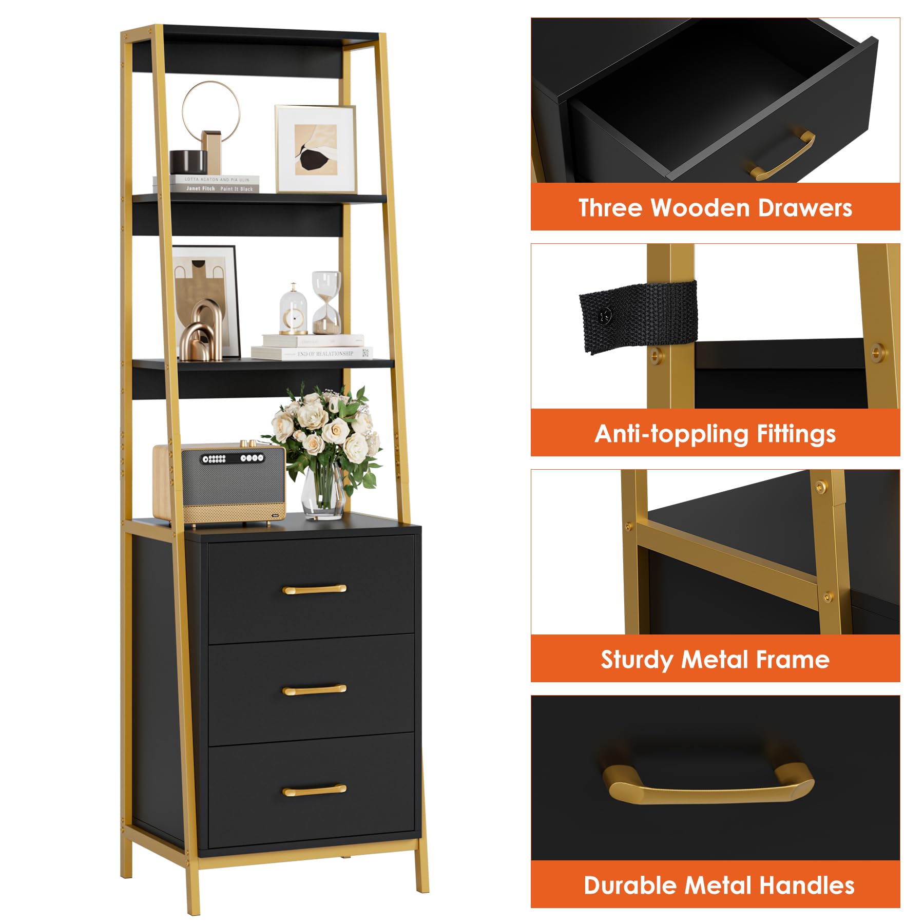 4-Tier Ladder Bookshelf with 3 Drawers