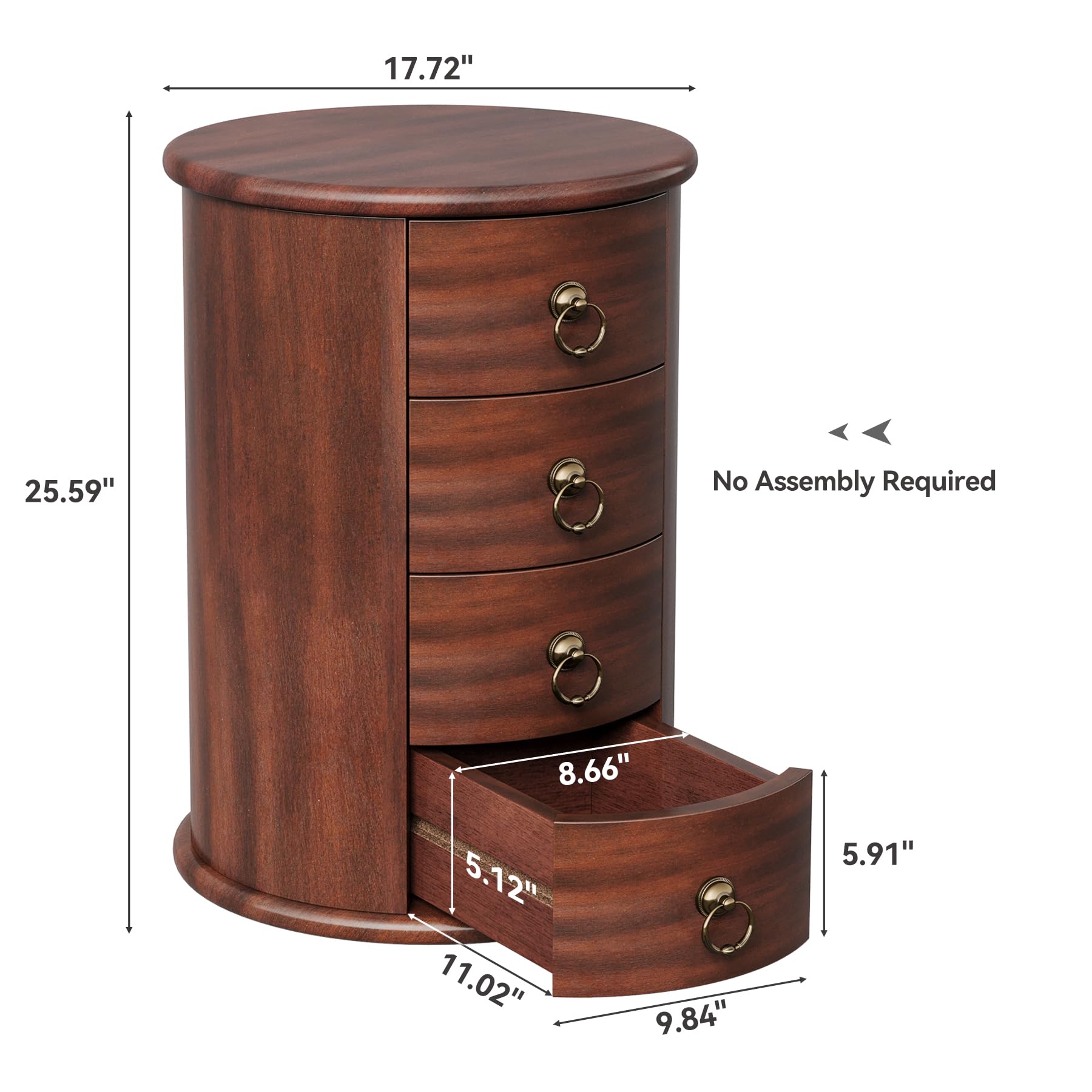 LITTLE TREE Small Side Table, Round Solid Wood End Table with Storage for Living Room, Mid Century Modern Nightstand with 4 Drawers for Bedroom, Small Spaces, Couch, Bedside, No Assembly Required