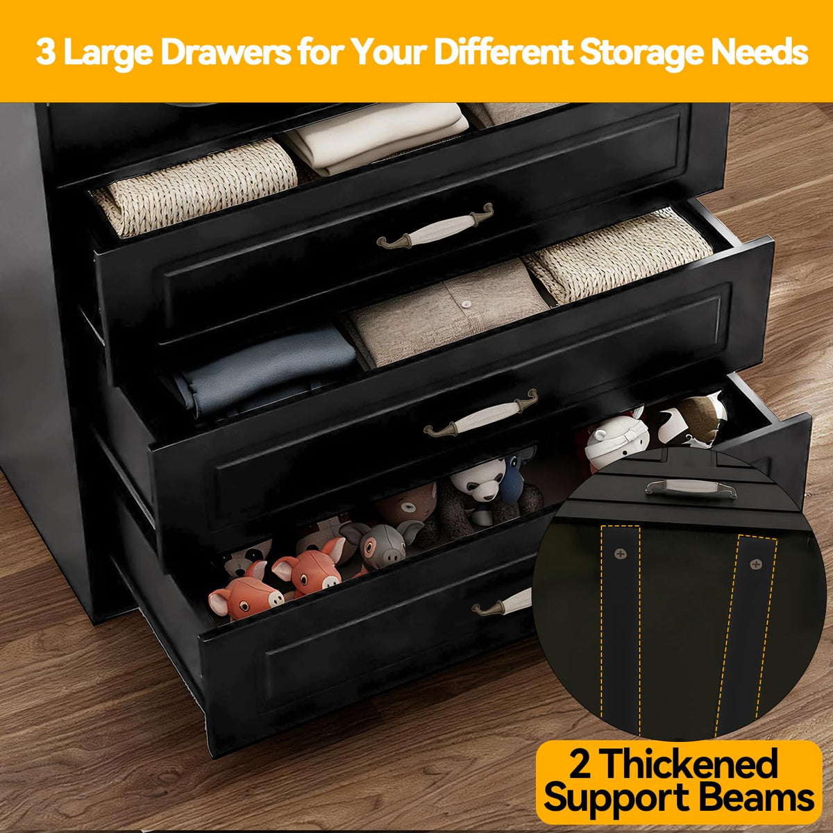 Black LED Wardrobe with 3 Drawers