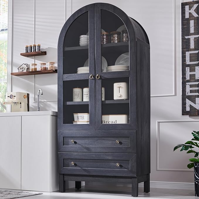 Tall Arched Kitchen Pantry Cabinet with Glass Doors