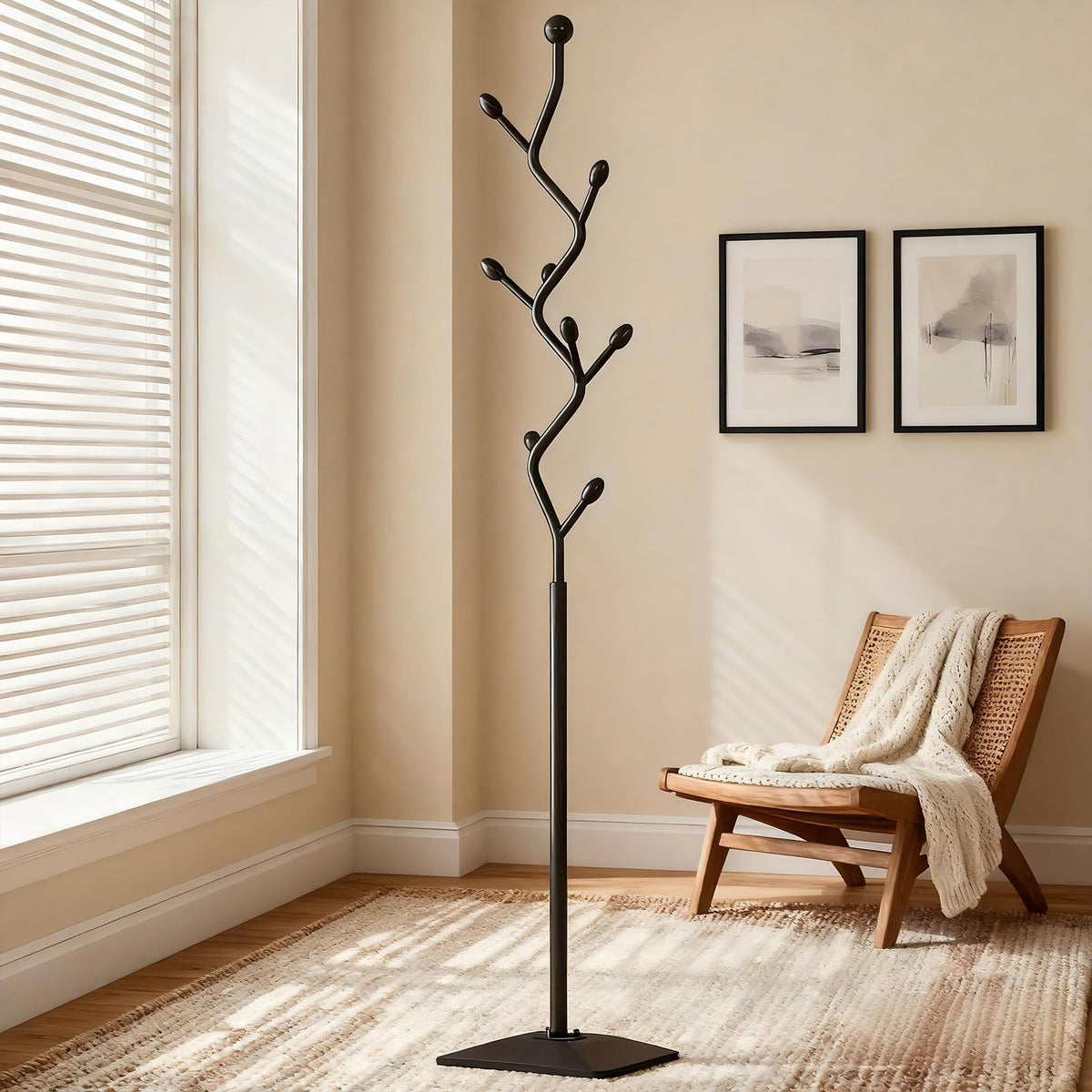 BUZUEY Coat Rack Freestanding Metal Tree Coat Rack Stand with Hooks, Modern Standing Hat Rack for Entryway Hallway Bedroom Office (black)