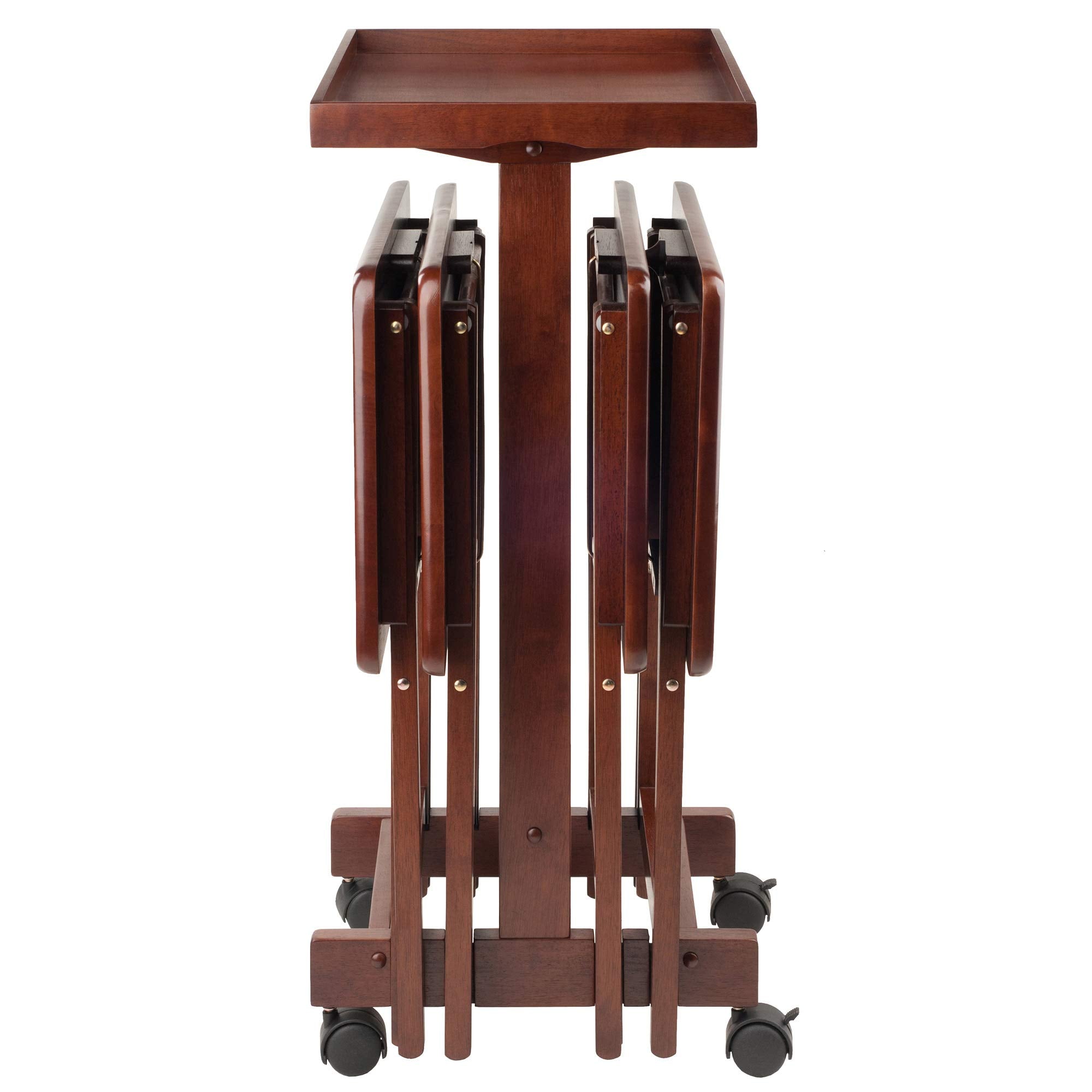 5-Piece Solid Wood Snack Table Set with Rolling Stand