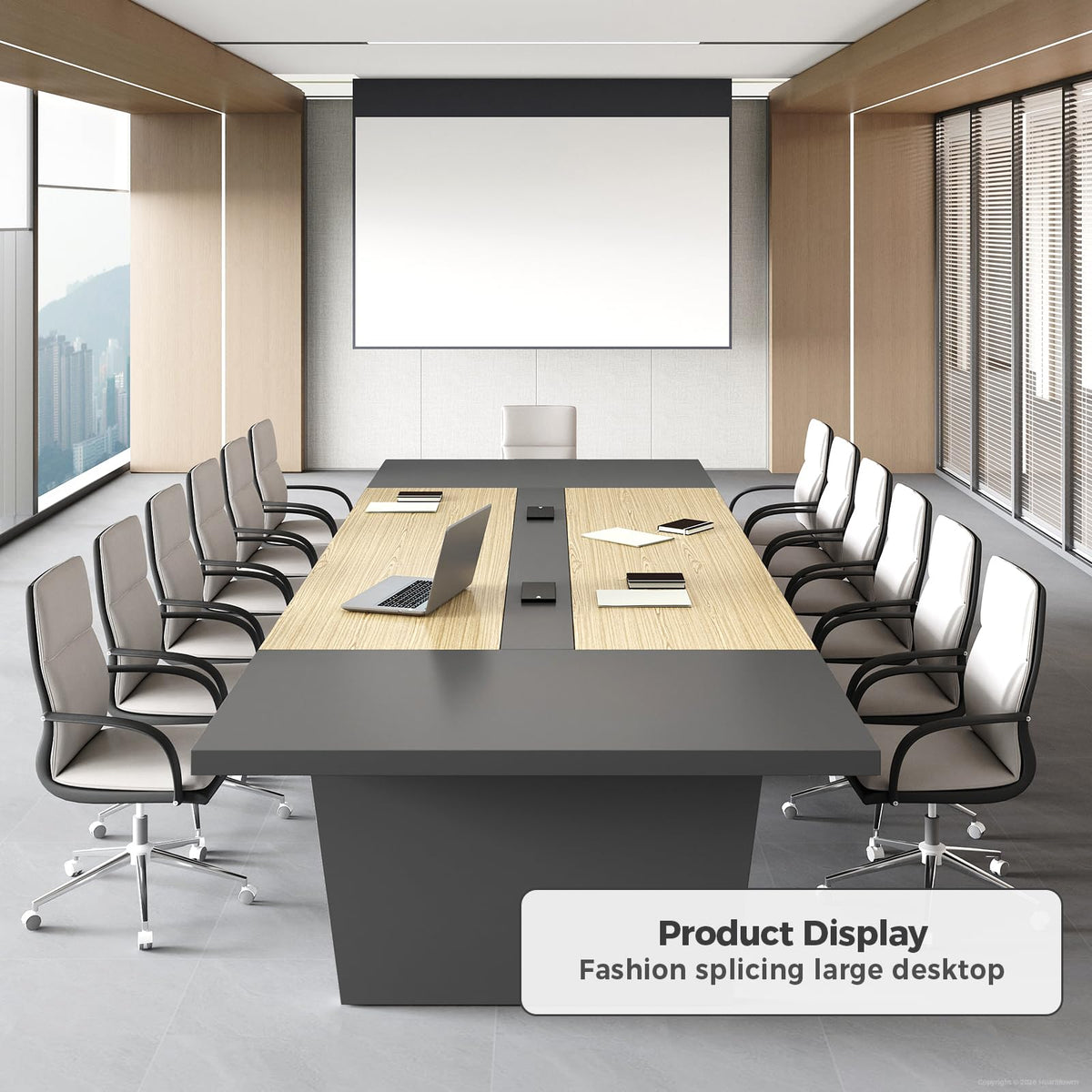 Huariifowm 10FT Conference Table for 8-10 People, Large Rectangular Boardroom Meeting Table with Built-in Power Outlets, USB-C Ports, 2" Thick Tabletop & Heavy-Duty Base, Oak + Gray