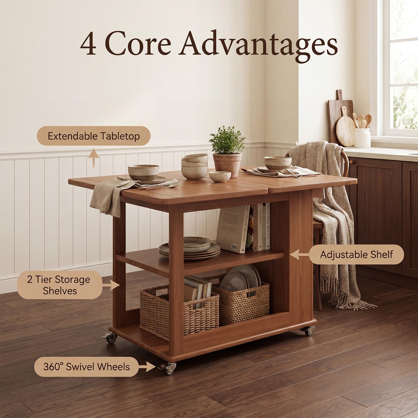 YQJJGL Expandable Coffee Table with Hidden Storage and Wheels, Convertible Wood Center Table with 2-Tier Adjustable Shelves, Rolling Coffee Table for Living Room, Small Spaces, Walnut