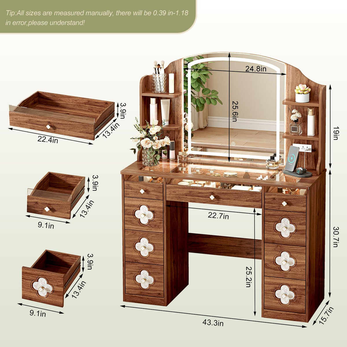 Ieejdn 43.3" Makeup Vanity with LED Mirror, 9 Drawers Dresser with Clover Handles, Built-in Shelves & Power Outlet, Lighted Vanity Desk with Storage for Bedroom, Walnut