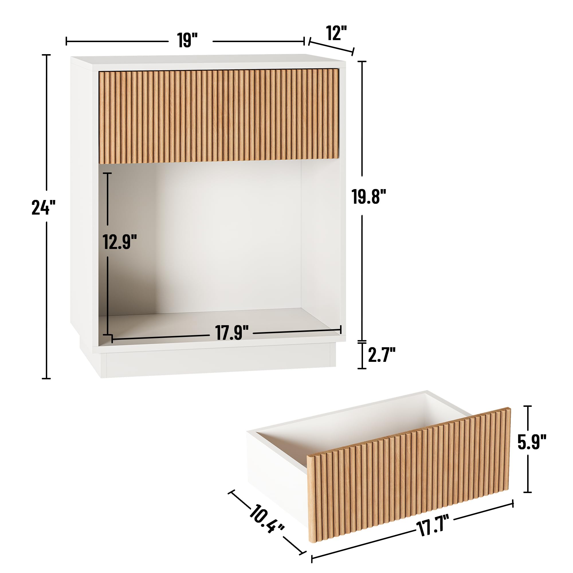 Fluted Nightstand Set of 2 with Drawer & Storage Shelf