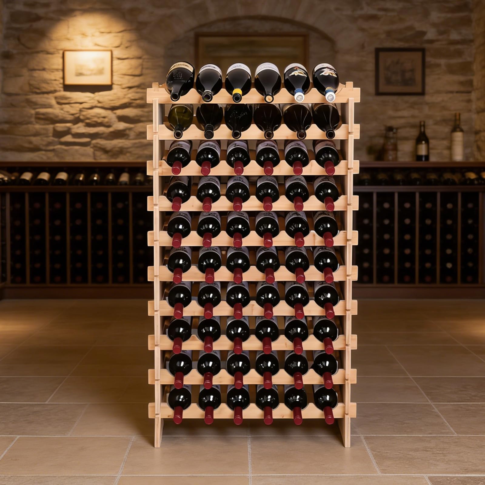 fcxagy 60 Bottles Bamboo Stackable Modular Bamboo Wine Rack, 10-Tier Wooden Wine Storage Rack Freestanding Wine Holder Display Shelves，Wine Rack freestanding Floor