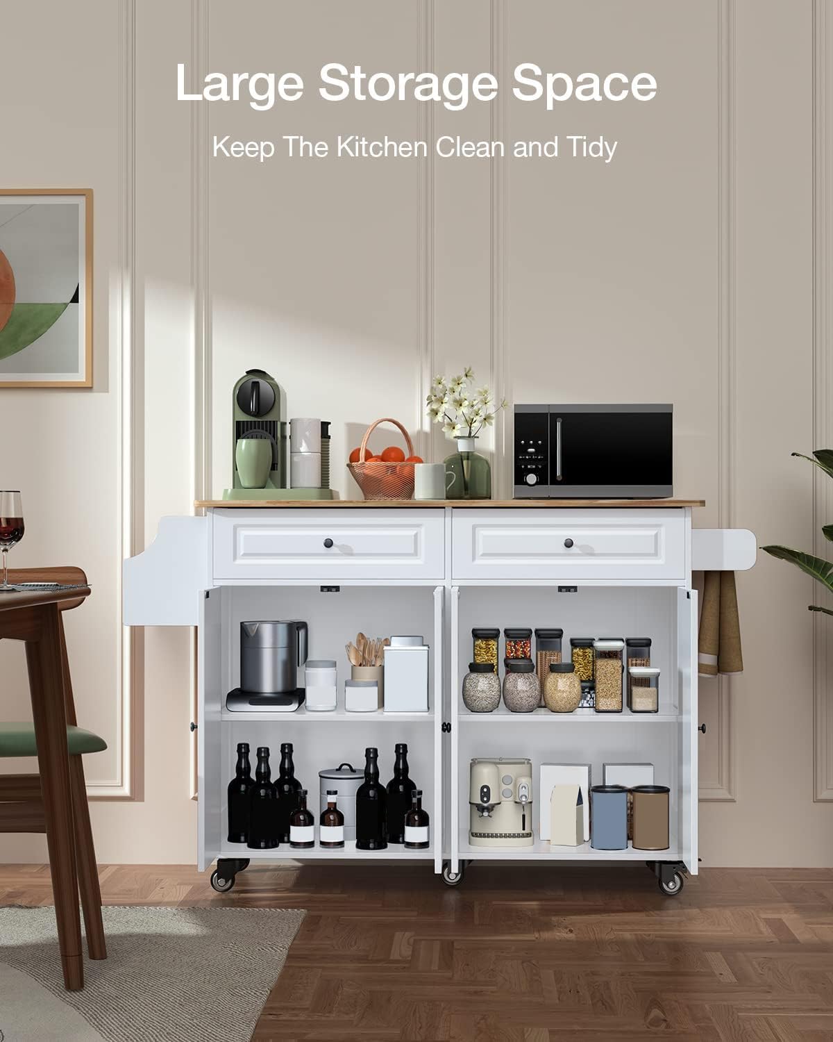 Kitchen Island Cart with Rubber Wood Top, Storage Cabinets & Drawers