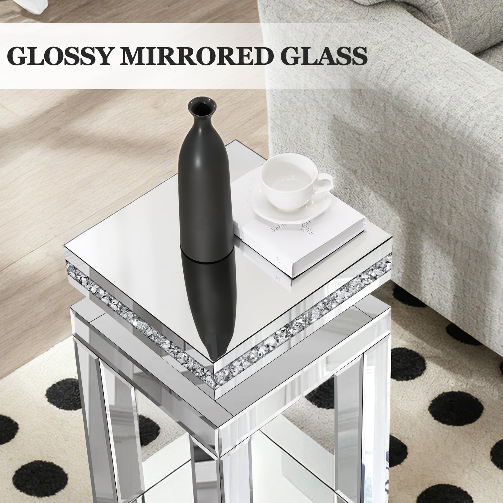 Jesantab Silver Mirrored End Table, Modern Crushed Diamond Accent Tables, Small Side Coffee Table for Living Room, Bedroom, 11.8"x11.8"x23.6"