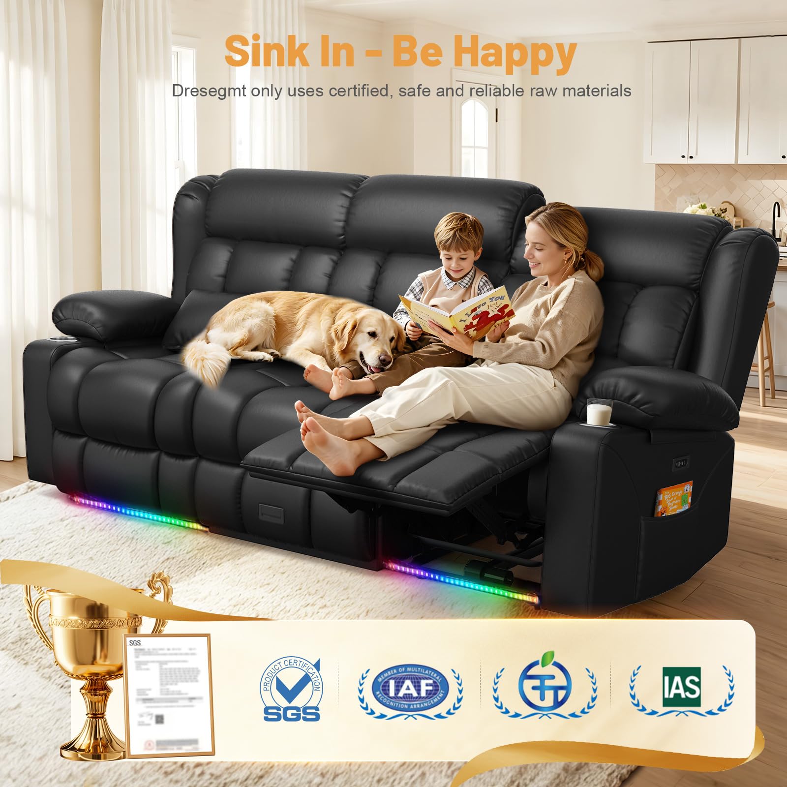Dresegmt Power Loveseat Recliner Sofa, Wall Hugger RV Reclining Loveseat Couch with Flip Middle Backrest Design, Large Storage Drawer, Power Home Theater Seating with Pillow, LED Light, Outlet (Black)