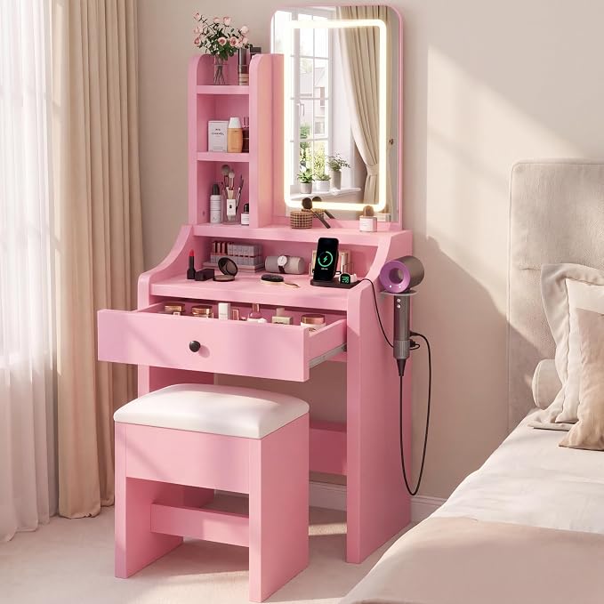 White LED Makeup Vanity with Storage Stool