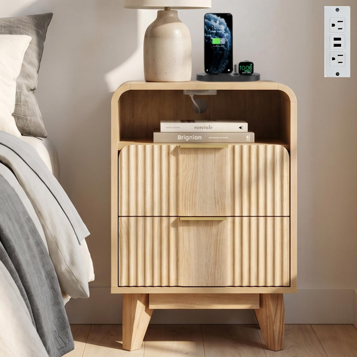 Fluted Nightstand with Charging Station