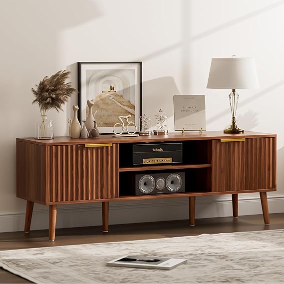 TV Stand with Fluted Door Cabinets & Open Shelves