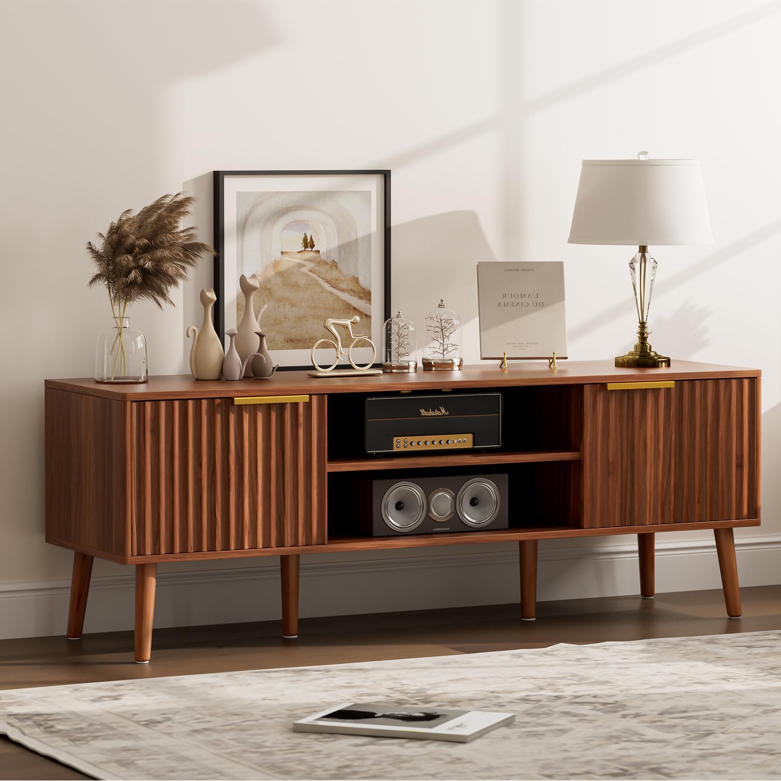 Mid-Century TV Stand with Fluted Door Cabinets