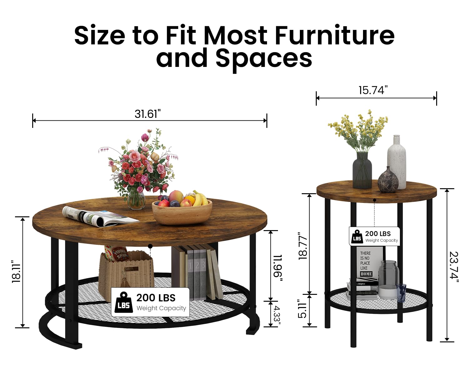 Recaceik Round Coffee Table and End Table Set of 3 with Storage, Modern Vintage Dark Brown Coffee Table and Side Table for Living Room, Office, Apartment, Small Space