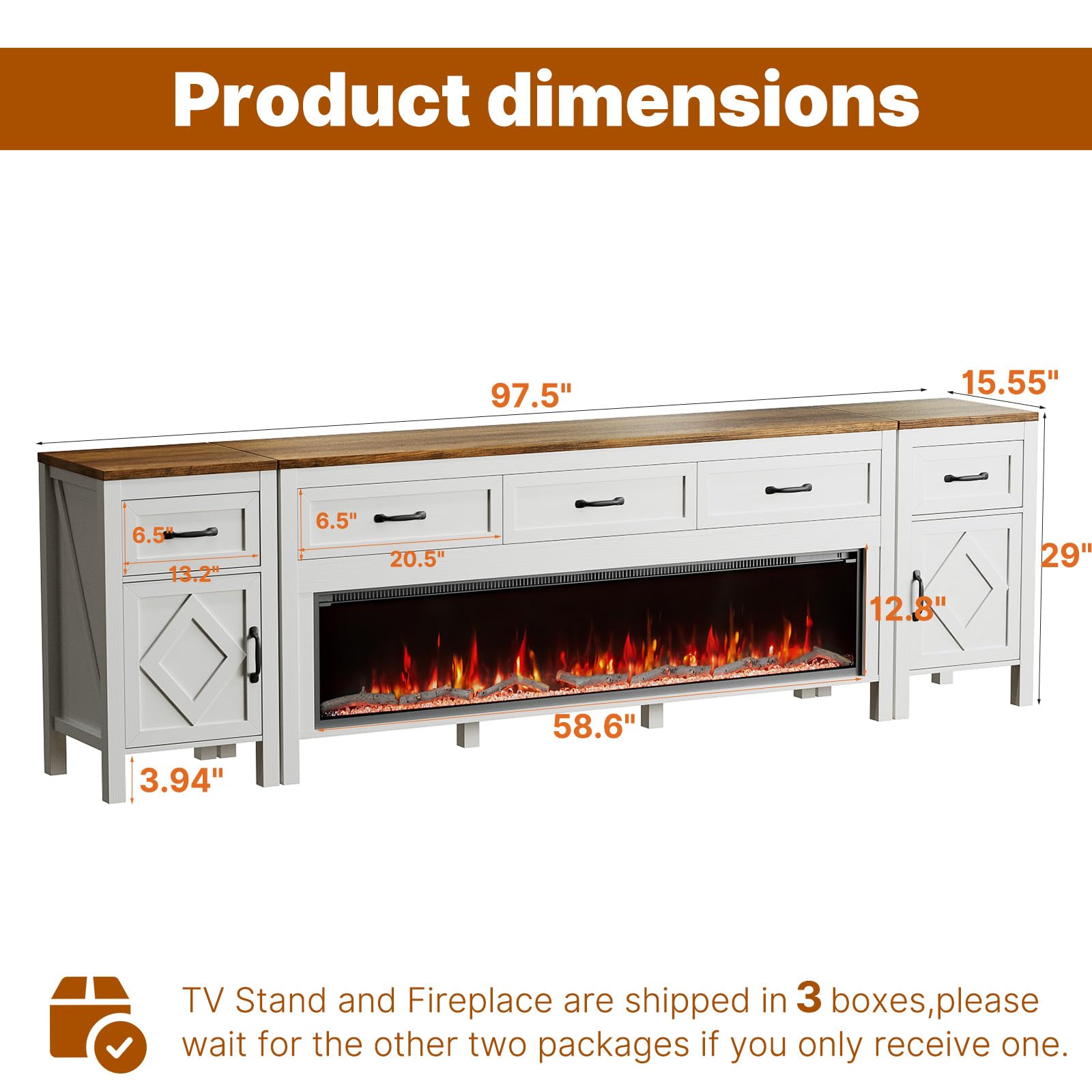 TV Stand with 60" Electric Fireplace – Up to 100"