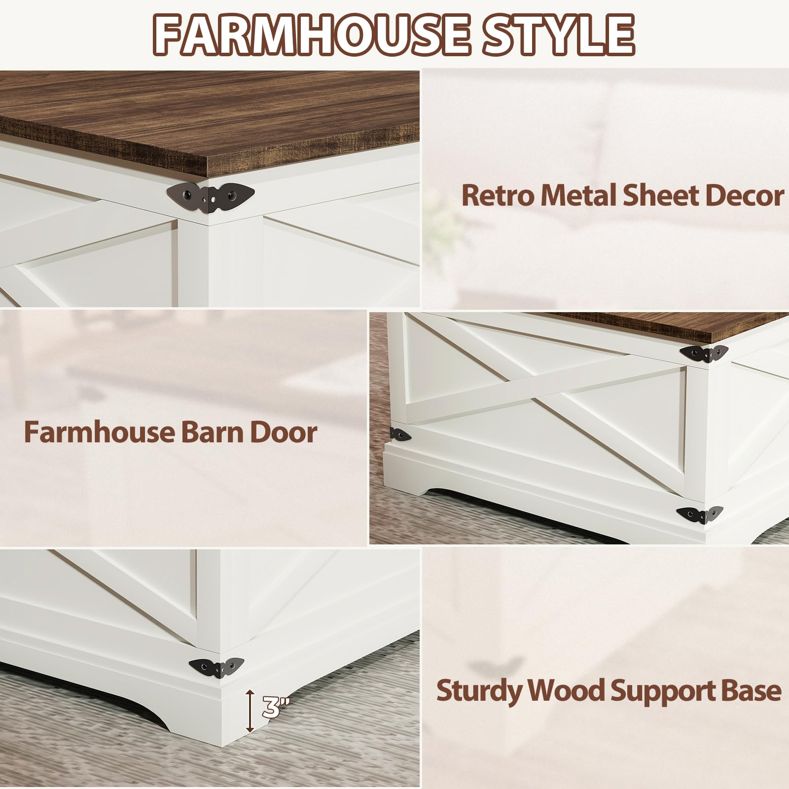 BROTTAR Lift Top Coffee Table with Storage, Square Coffee Table for Living Room with Charging Ports, Farmhouse Dining Table with Large Hidden Storage, White, 31.5"