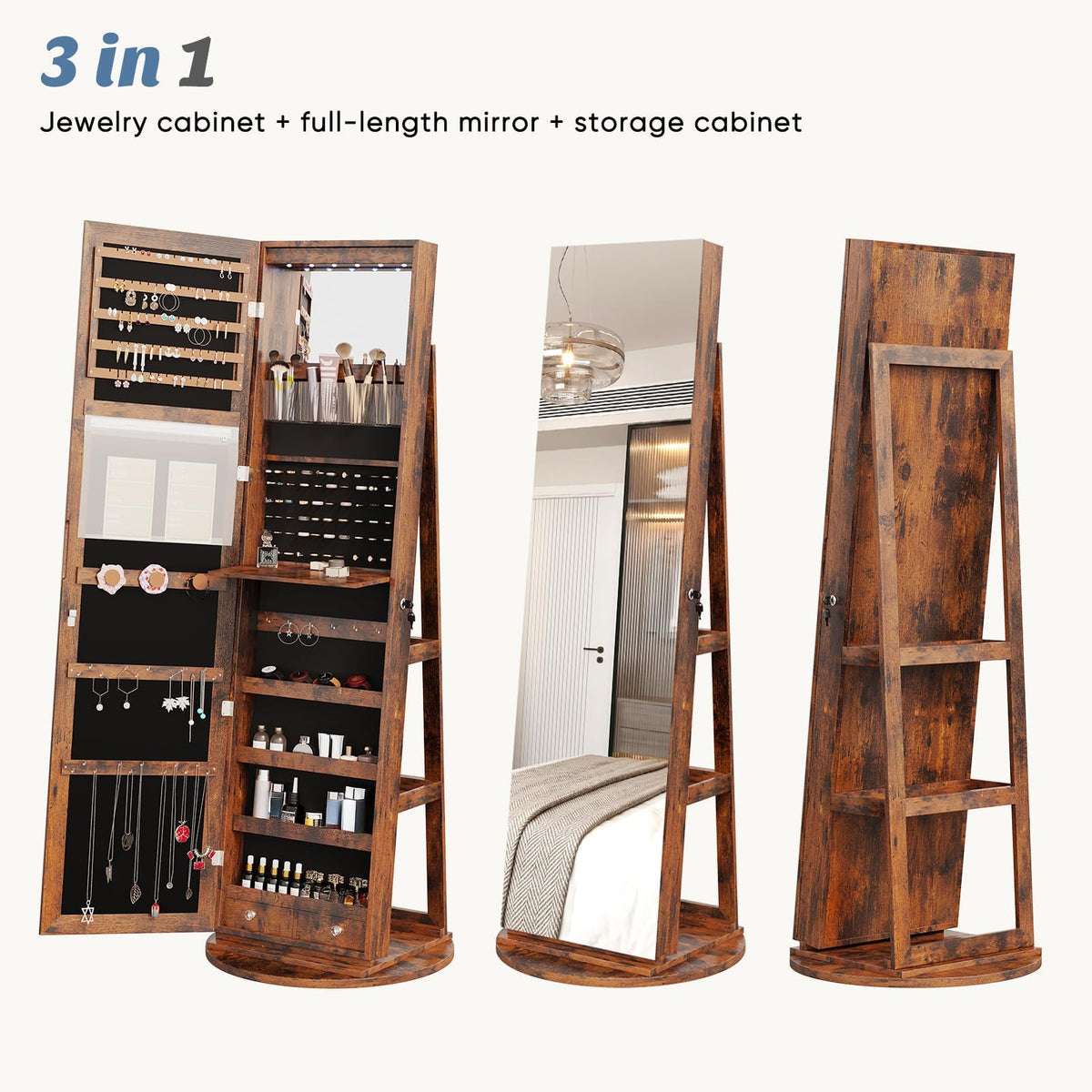 OLIXIS 360° Swivel Jewelry Cabinet with Light, Lockable Full Length Mirror