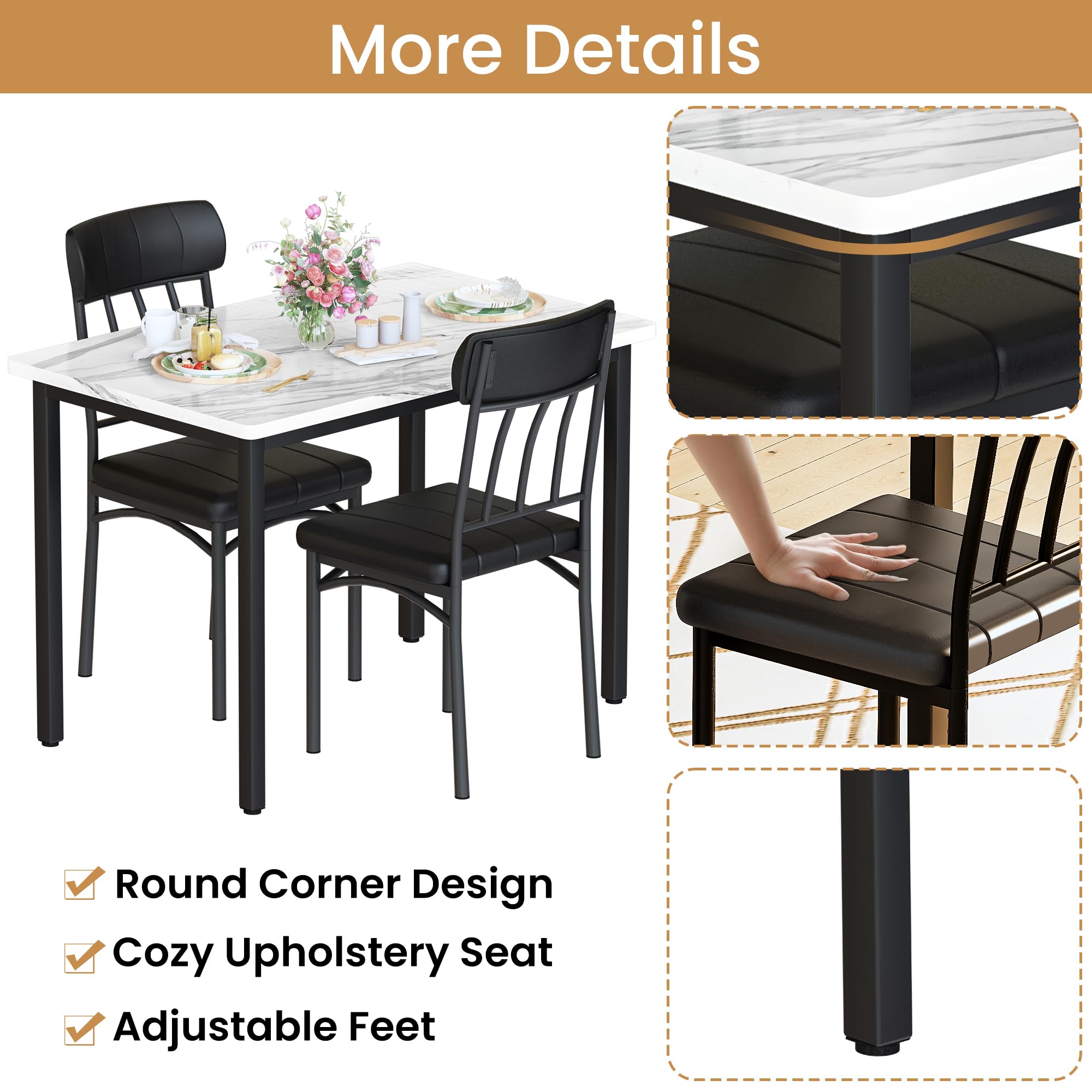 AWQM 3 Piece Dining Table Set for 2, Small Industrial Kitchen Table and 2 Chairs, Breakfast Dining Table Set, Kitchen Table Set for Dining Room, Living Room, Apartment, Small Space, White Black