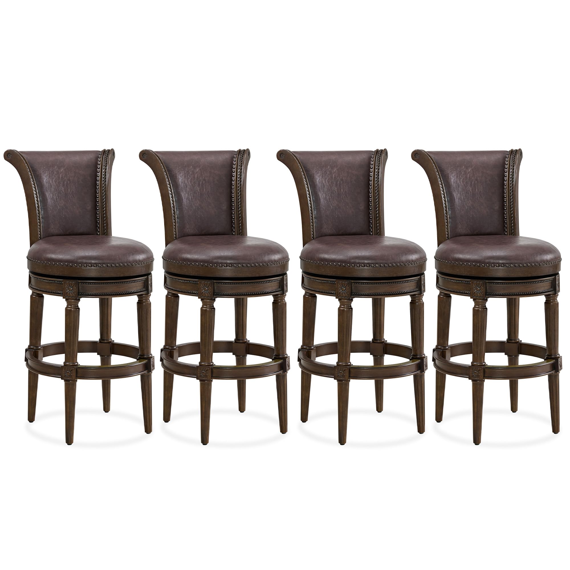 ROME + OAK Set of 4 Runyan 31" Swivel Bar Stool, High Back Barstool in Dark Walnut Finish with Vintage Brown Vegan Leather Seat