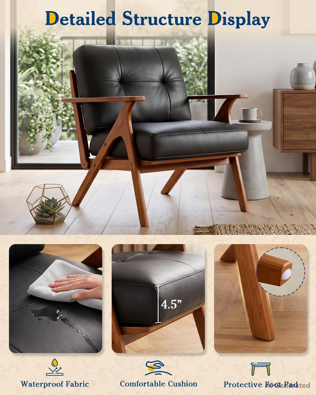 Black Leather Mid Century Curved Arm Chairs Set of 2 with Solid Wood Frame