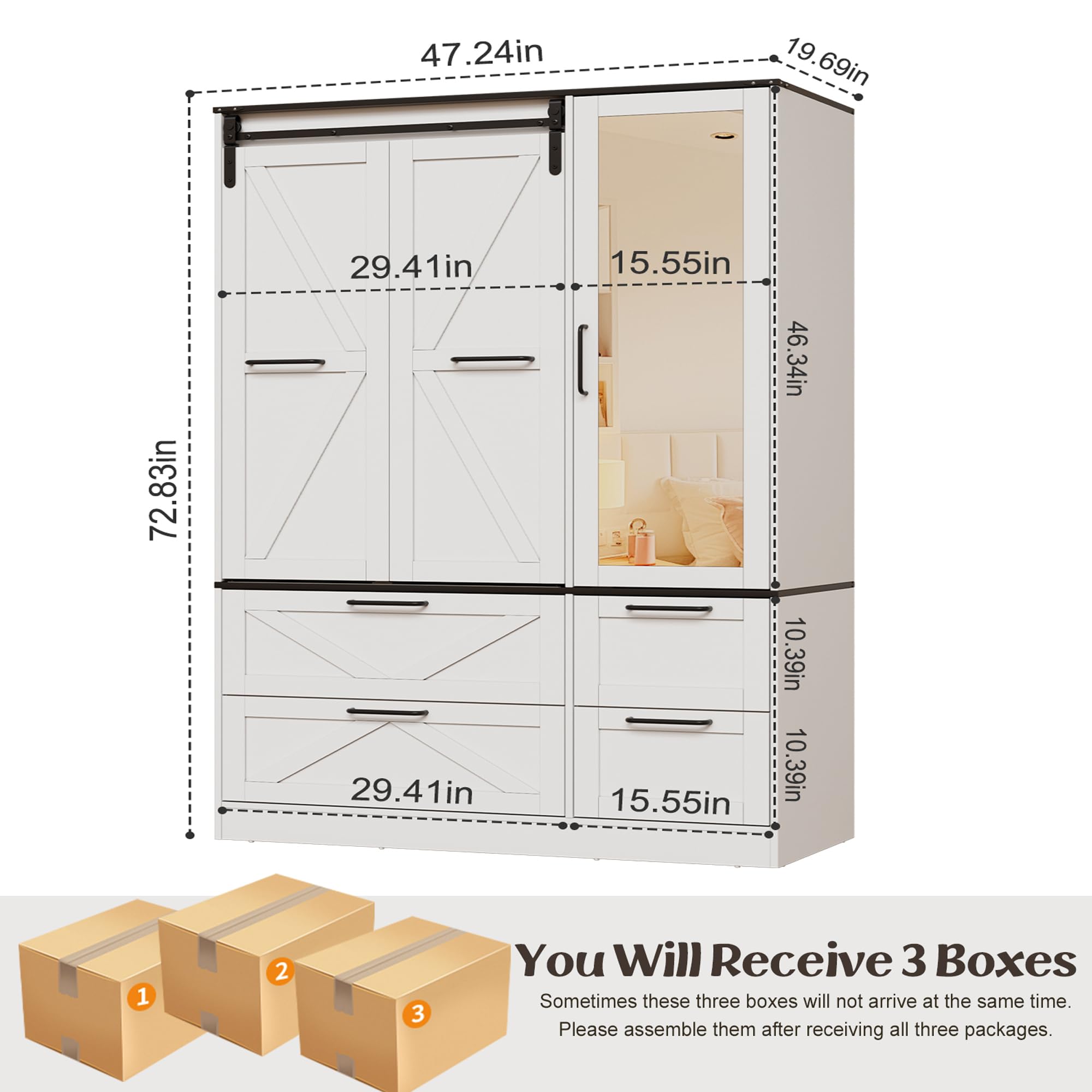 PAKASEPT Armoire Wardrobe Closet with w/Folding Sliding Barn Door, Bedroom Armoires with Mirror and Sensor Lights, Hanging Rod, Wardrobe Closet for Bedroom (19.69" D x 47.24" W x 72.83" H)