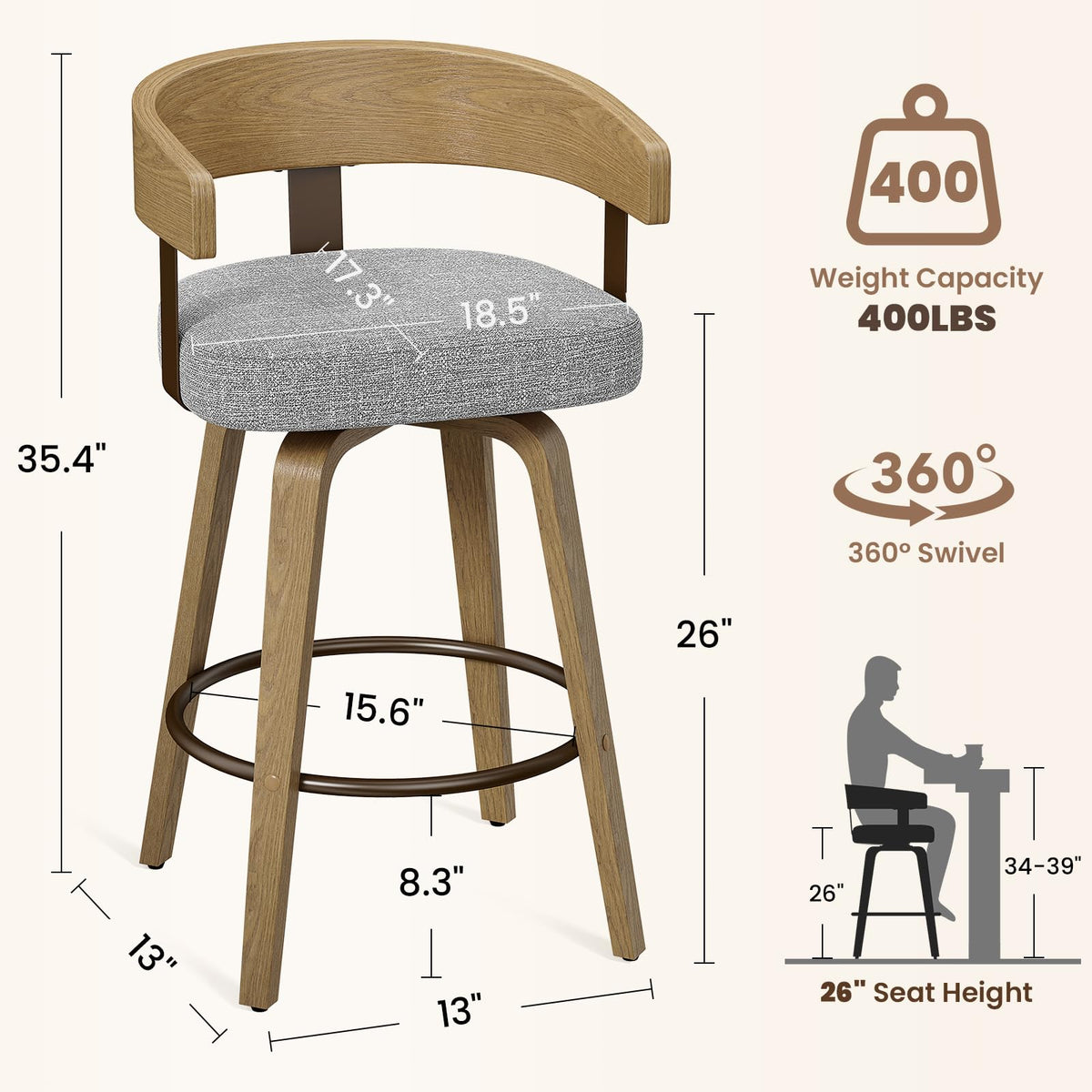 REONEY Swivel Bar Stools Set of 2, 26" Counter Height Barstools, Grey Linen