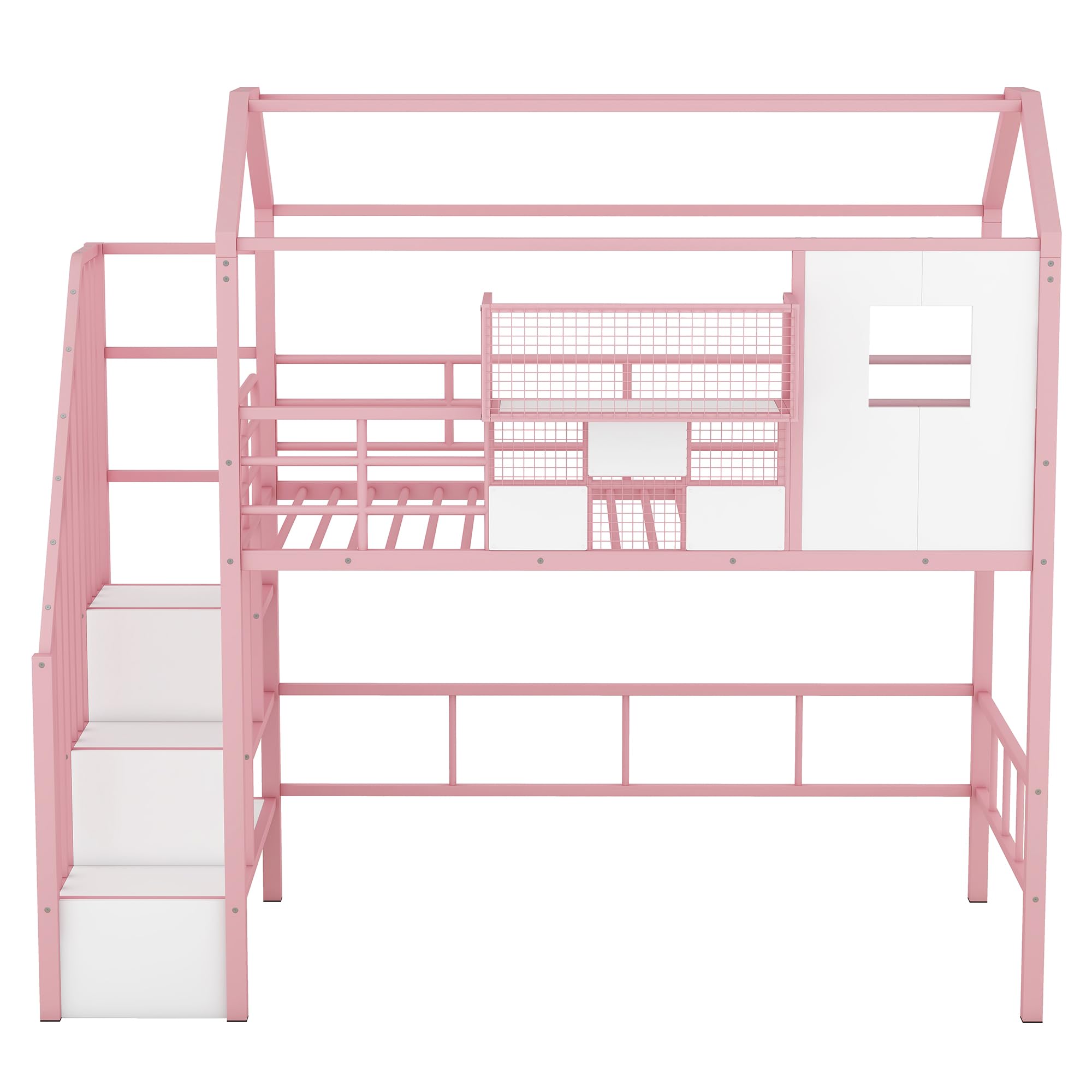 Twin Size House Loft Bed with Stairs & Storage
