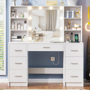 DDONGMM Vanity Desk with Lighted Mirror & Power Outlet, Makeup Vanity with 7 Drawers and 6 Storage Shelves, Bedroom Dressing Table with 3 Lighting Modes & Brightness Adjustable for Girls, Women, White