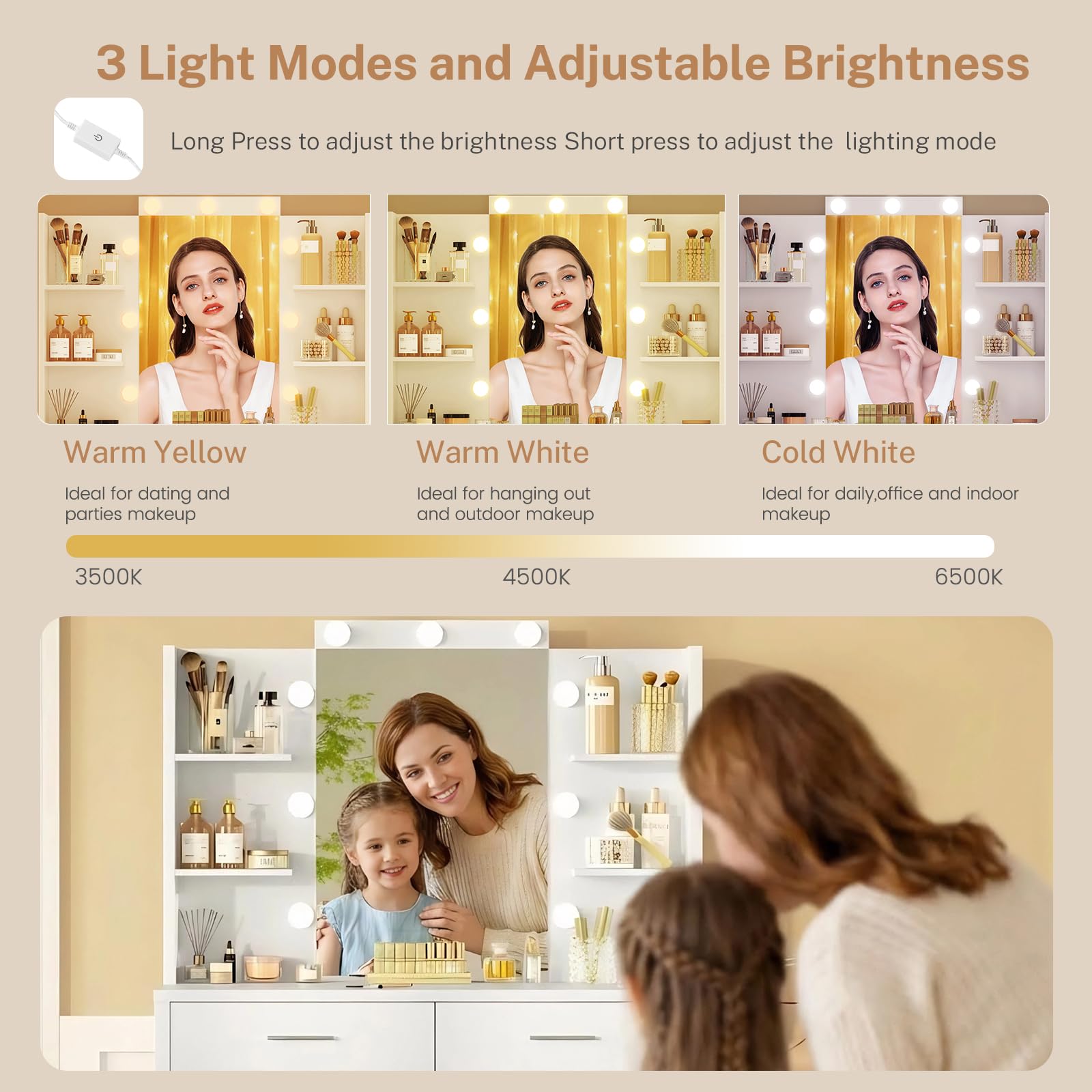 FIONESO 43.3" W Vanity Desk with Mirror and 9 LED Lights, Makeup Vanity with 6 Drawers, 6 Open Shelves, 3 Color Modes & Adjustable Brightness, Dressing Table for Girls Bedroom, White