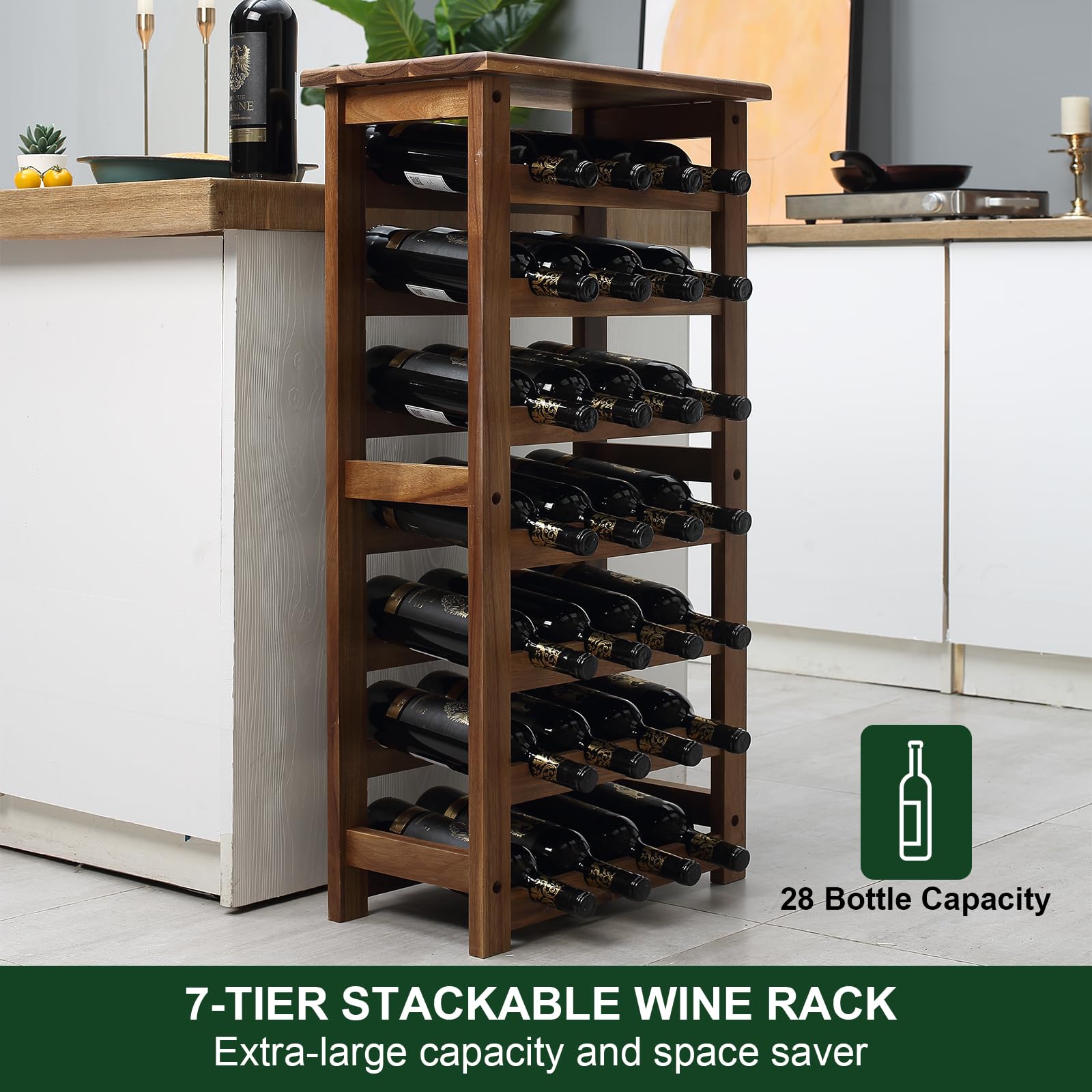 Everous Wine Rack Wood Floor Standing 28 Bottles - 7 Tier Wooden Wine Holder Storage Organizer for Kitchen, Pantry, Wine Cellar, Bar - Freestanding Display Rack Natural Acacia - Sustainable Home Decor