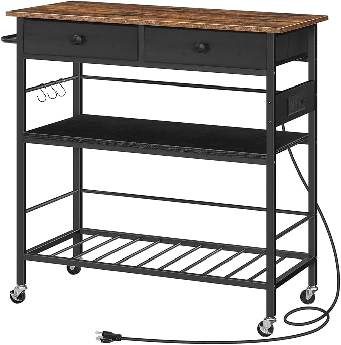 Rolling Kitchen Island with Drawers and Outlet