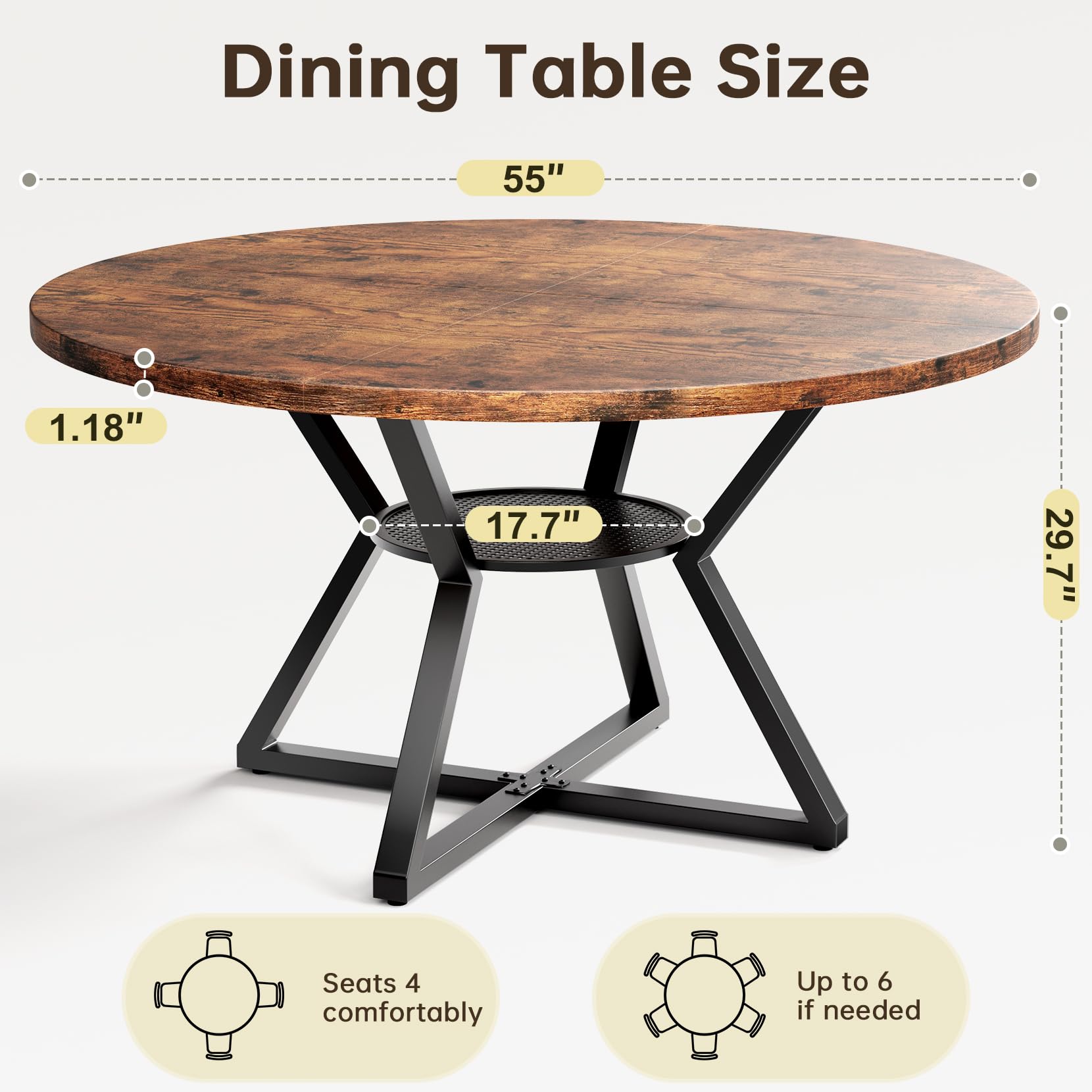 Concho 55" Round Table for 4-6, Circle Dining Dinner Table with Pedestal Metal Frame, Space Saving Wood Kitchen & Dining Room Furniture, Farmhouse Brown