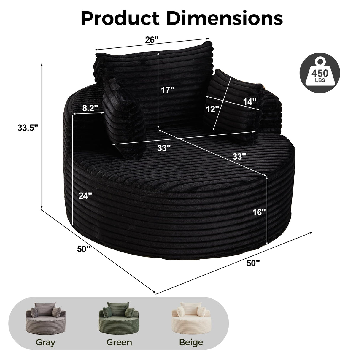 NicBex 50” Oversized Large Lounge Chair Indoor with 3 Pillows, Black