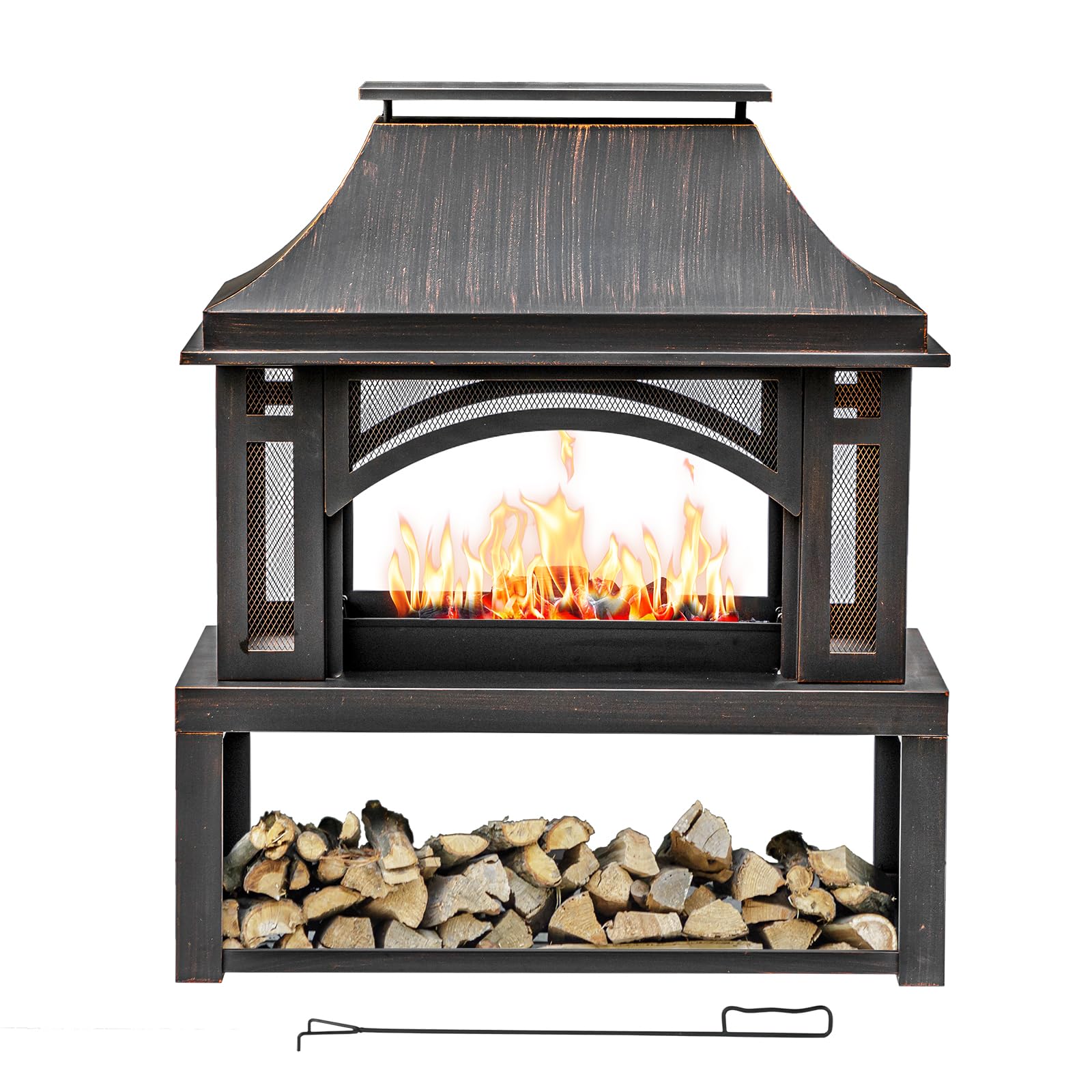 Steel Chiminea Outdoor Wood Burning Fire Pit with Chimney