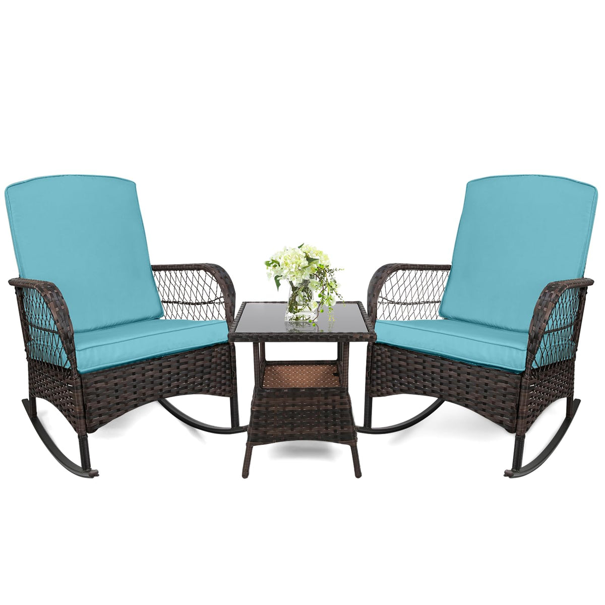 CHABATREE 3 pcs Rocking Bistro Set Conversation Chairs PE Wicker Outdoor Rocking Chairs (Lake Blue)