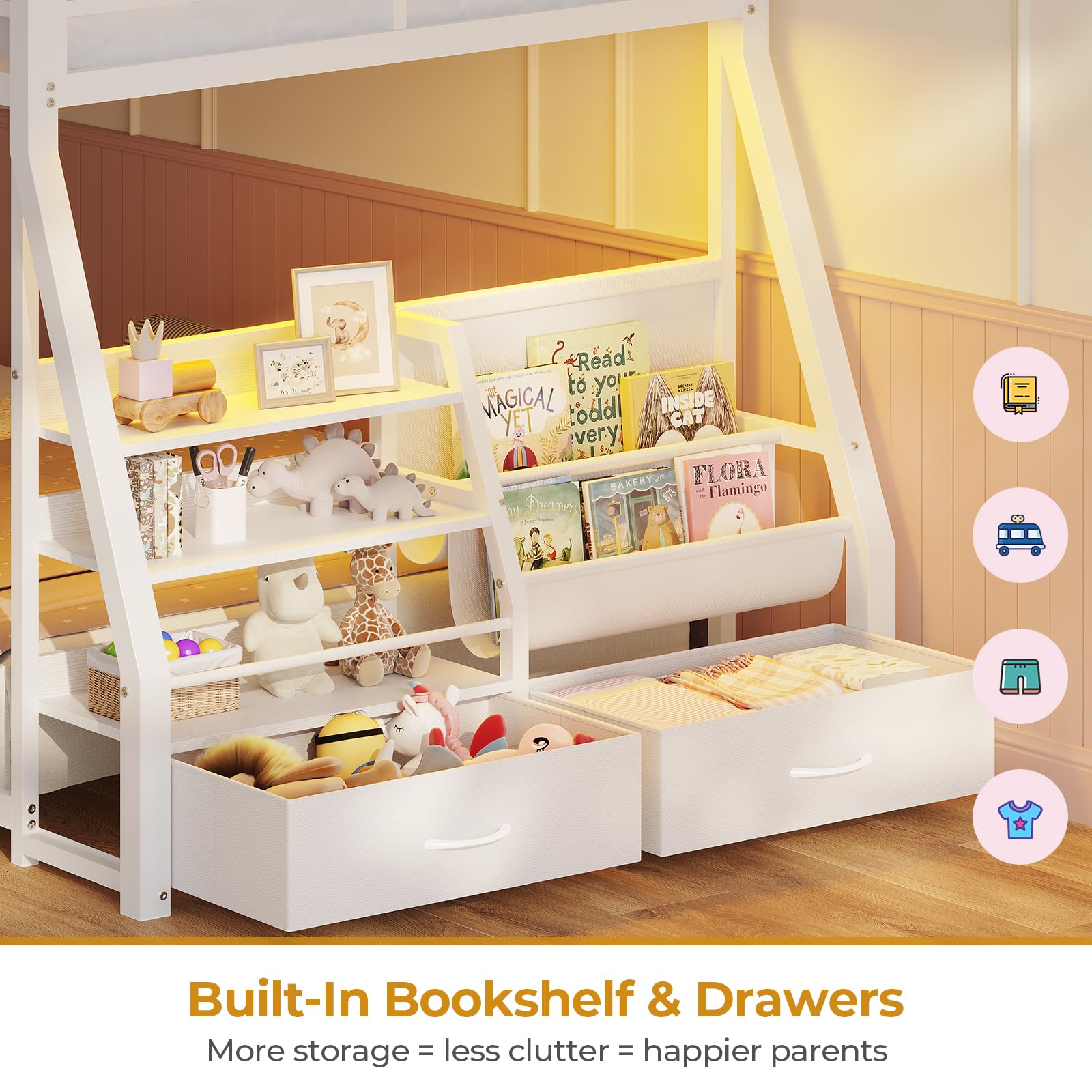 ADORNEVE Low Bunk Bed Twin Over Twin with Sling Bookshelves, Storage Drawers & Power Outlet, LED Metal Floor Bunk with Full-Length Guardrail & Metal Slats, No Box Spring Needed, for Kids, White