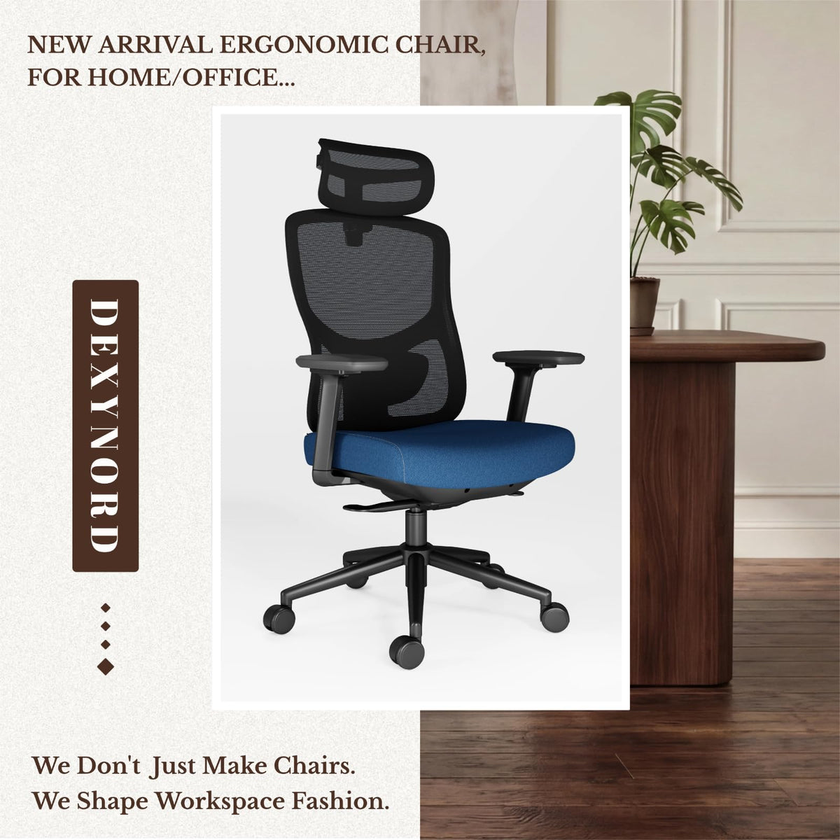 DEXYNORD Ergonomic Office Chair with Breathable Mesh Back & Thick Cushion Seat, 4D Armrests, 3D Headrest, Adjustable Lumbar Support & Seat Depth, High Back Desk Chair with Tilt Lock (Blue)