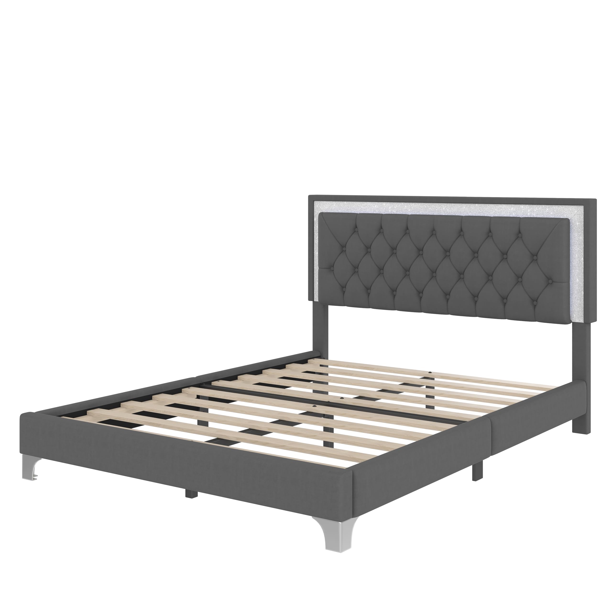 Queen Upholstered Platform Bed with LED & 2 Nightstands