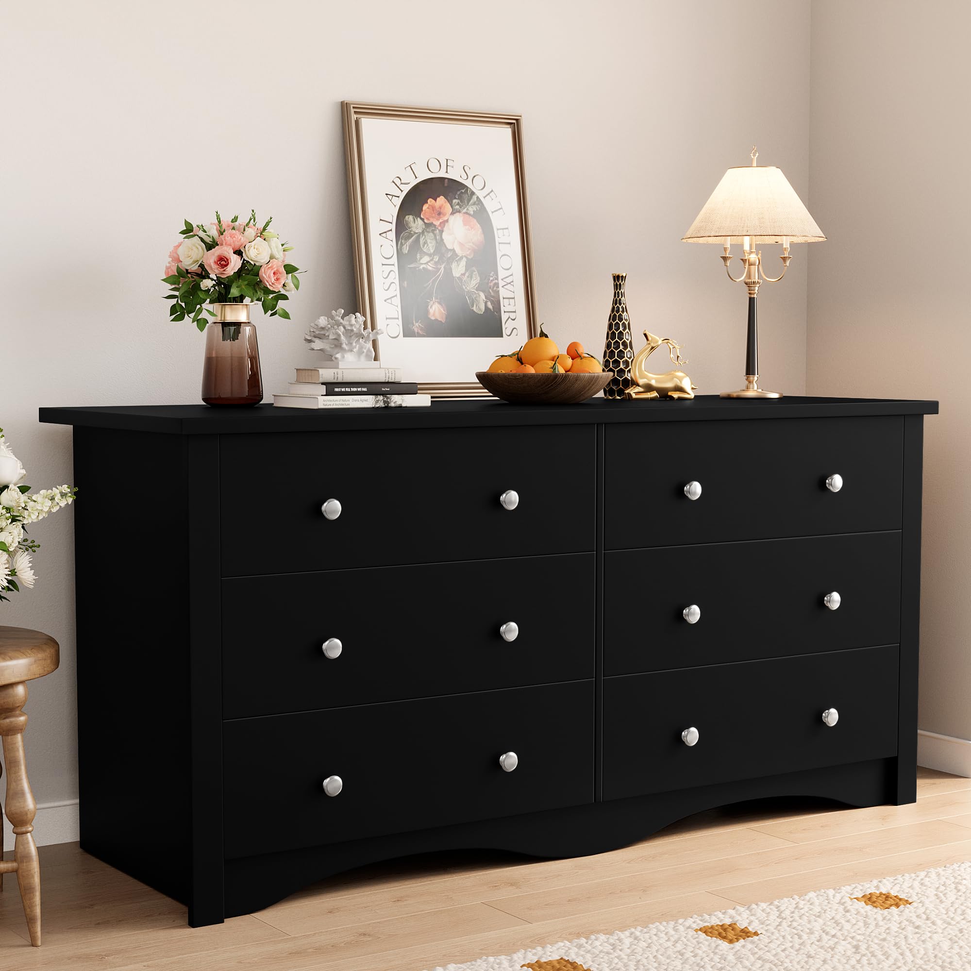 Shahoo Black Dresser for Bedroom with 6 Drawers, 47.2" Wide Chest Storage Organizer and TV Stand for Living Room, Closet, Hallway, Dormitory