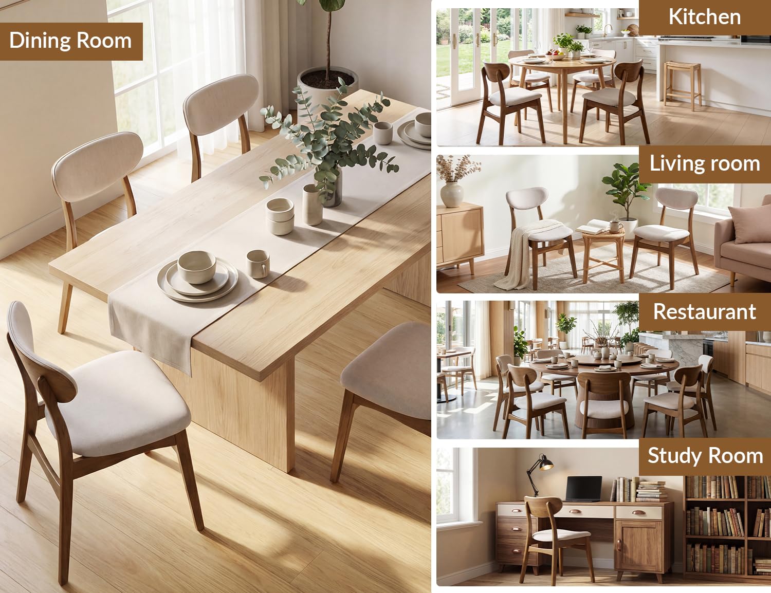 Upholstered Dining Chairs Set of 4, Mid-Century Modern, Beige & Walnut