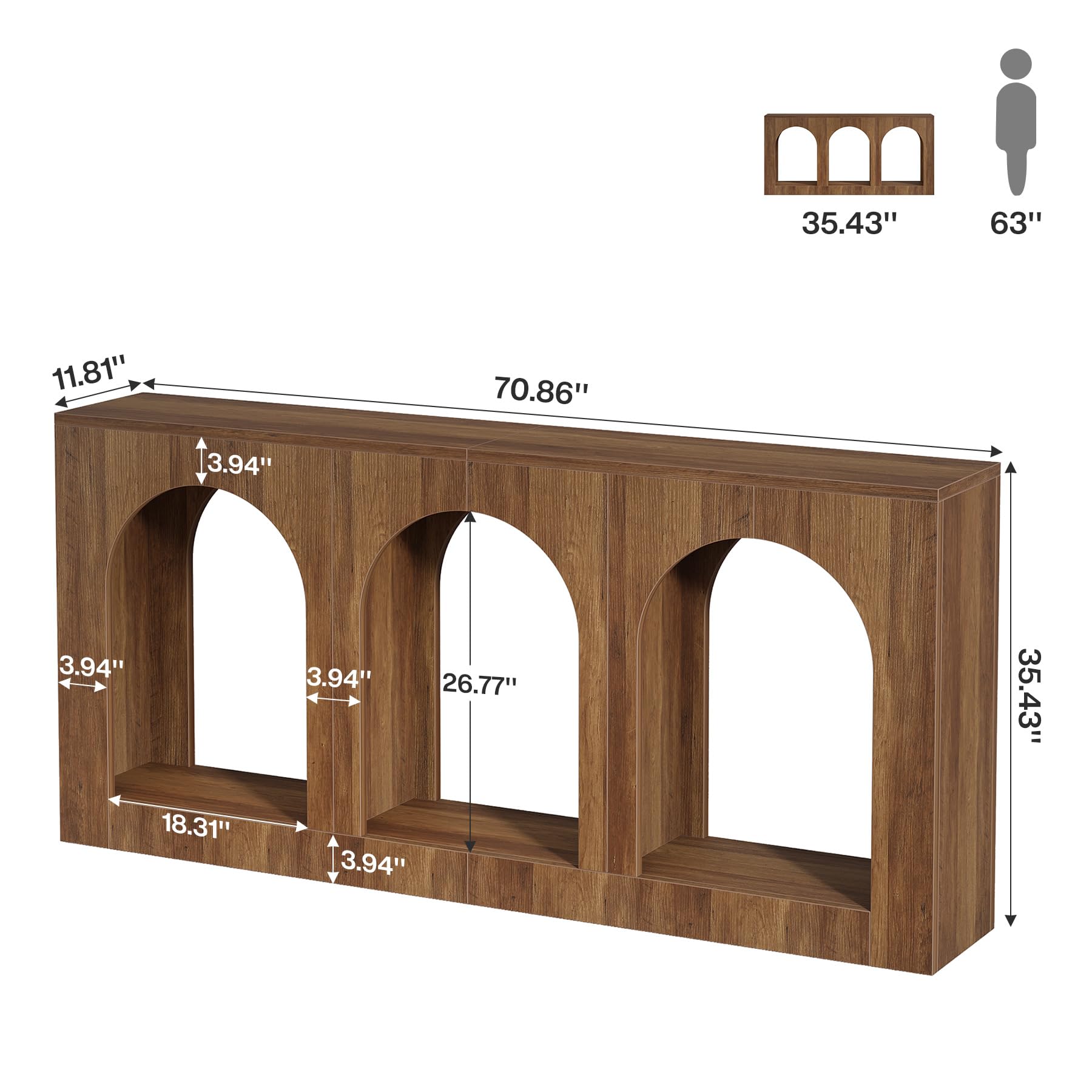 Tribesigns 70.9" Console Table with Storage, Wood Entryway Entry Table with 3 Arched Shelves for Foyer, Hallway, Living Room, Behind Couch Sofa, Narrow Long, Brown