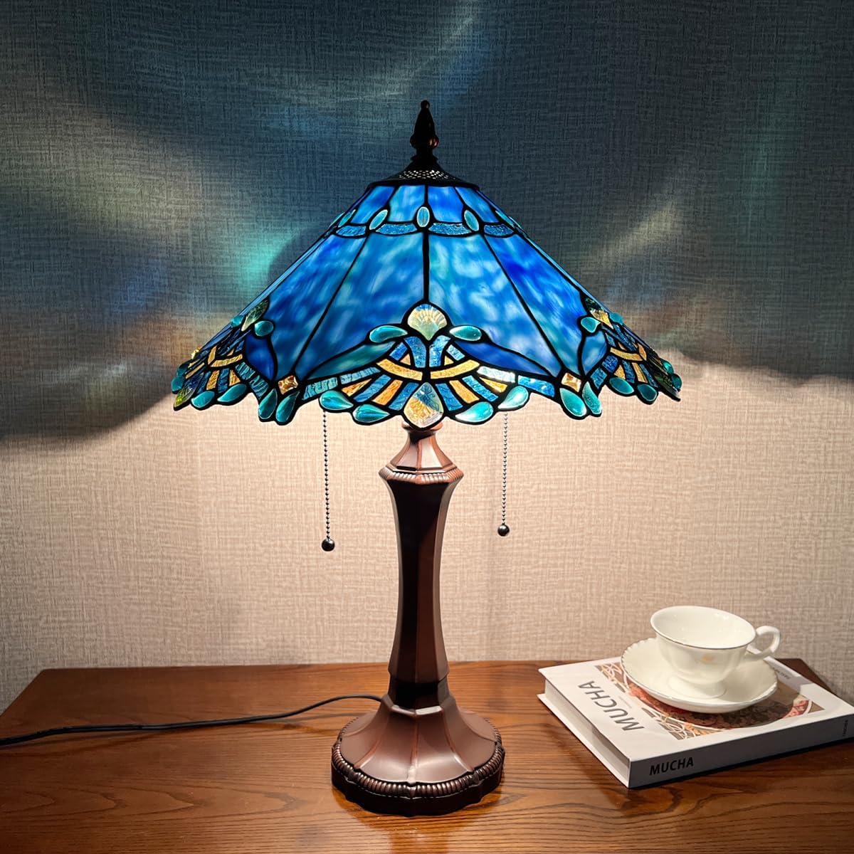 COTOSS Tiffany Table Lamp for Living Room,Blue Stained Glass Table Light,Antique Style 16 inch Large Desk Lamp 2 Light Beside Reading Lamp for Bedroom Office